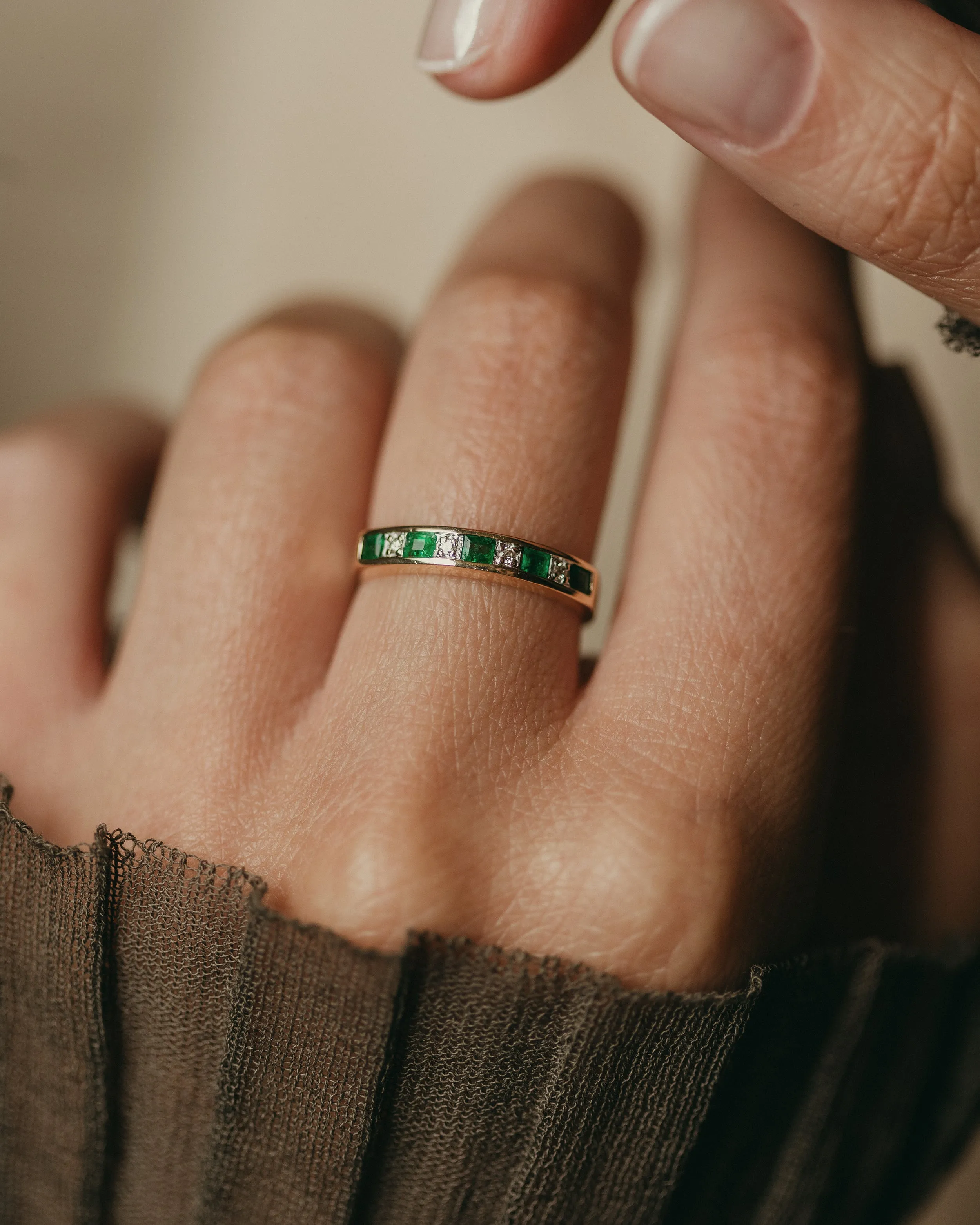 Renée 1991 Vintage 9ct Gold Emerald & Diamond Half Eternity Ring sold by Rock n Rose