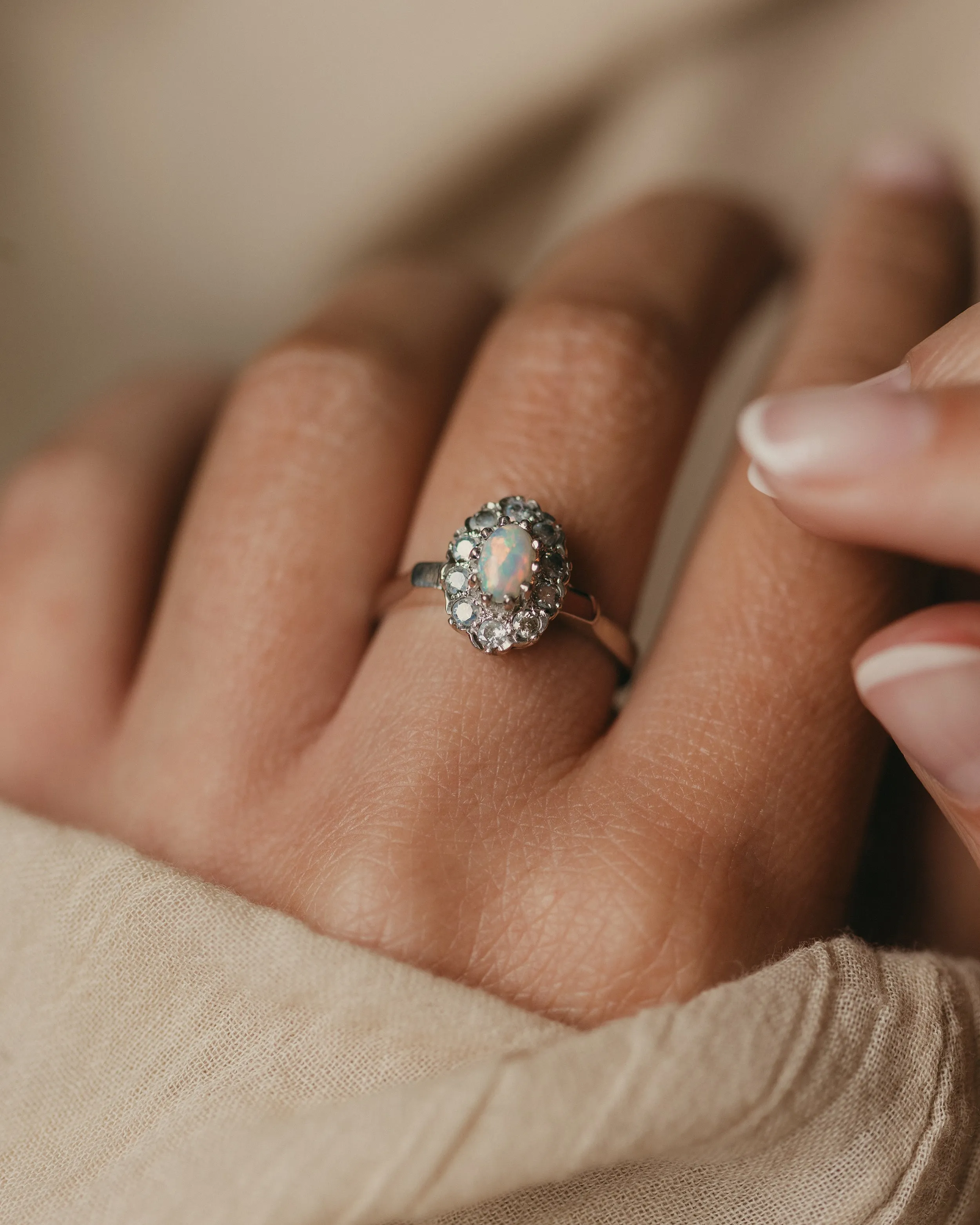Annette Vintage 18ct White Gold Opal & Diamond Cluster Ring sold by Rock n Rose