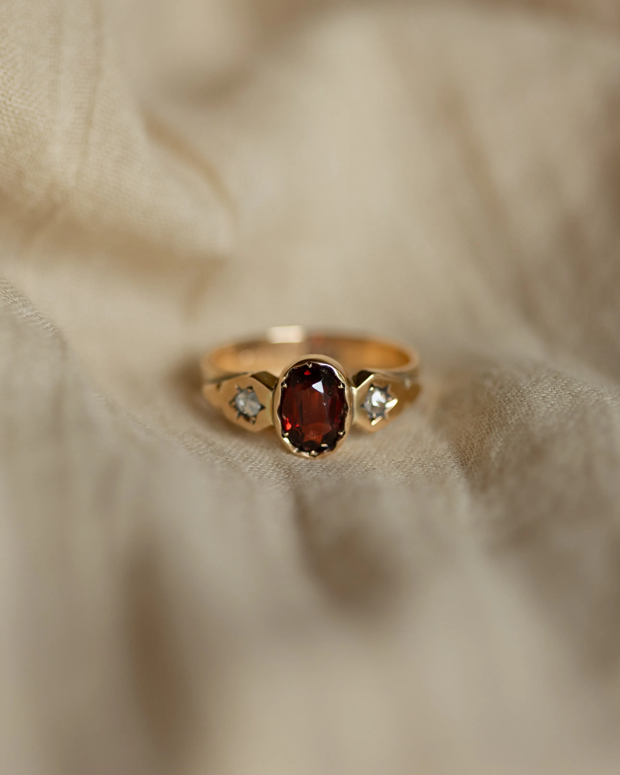 Babette Antique 15ct Gold Garnet & Diamond Trilogy Ring sold by Rock n Rose