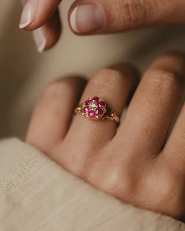Therese 1908 Antique 18ct Gold Ruby & Diamond Cluster Ring sold by Rock n Rose