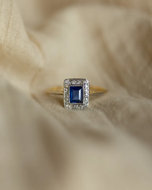 Manon Antique Art Deco 18ct Gold Sapphire & Diamond Rectangular Cluster sold by Rock n Rose