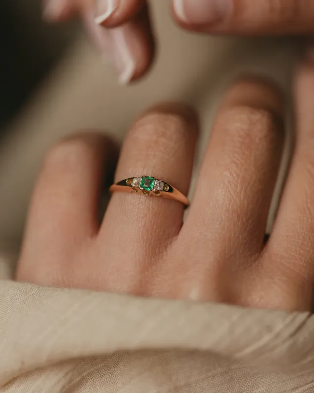 Félicie Antique 18ct Gold Emerald & Diamond Trilogy Ring sold by Rock n Rose