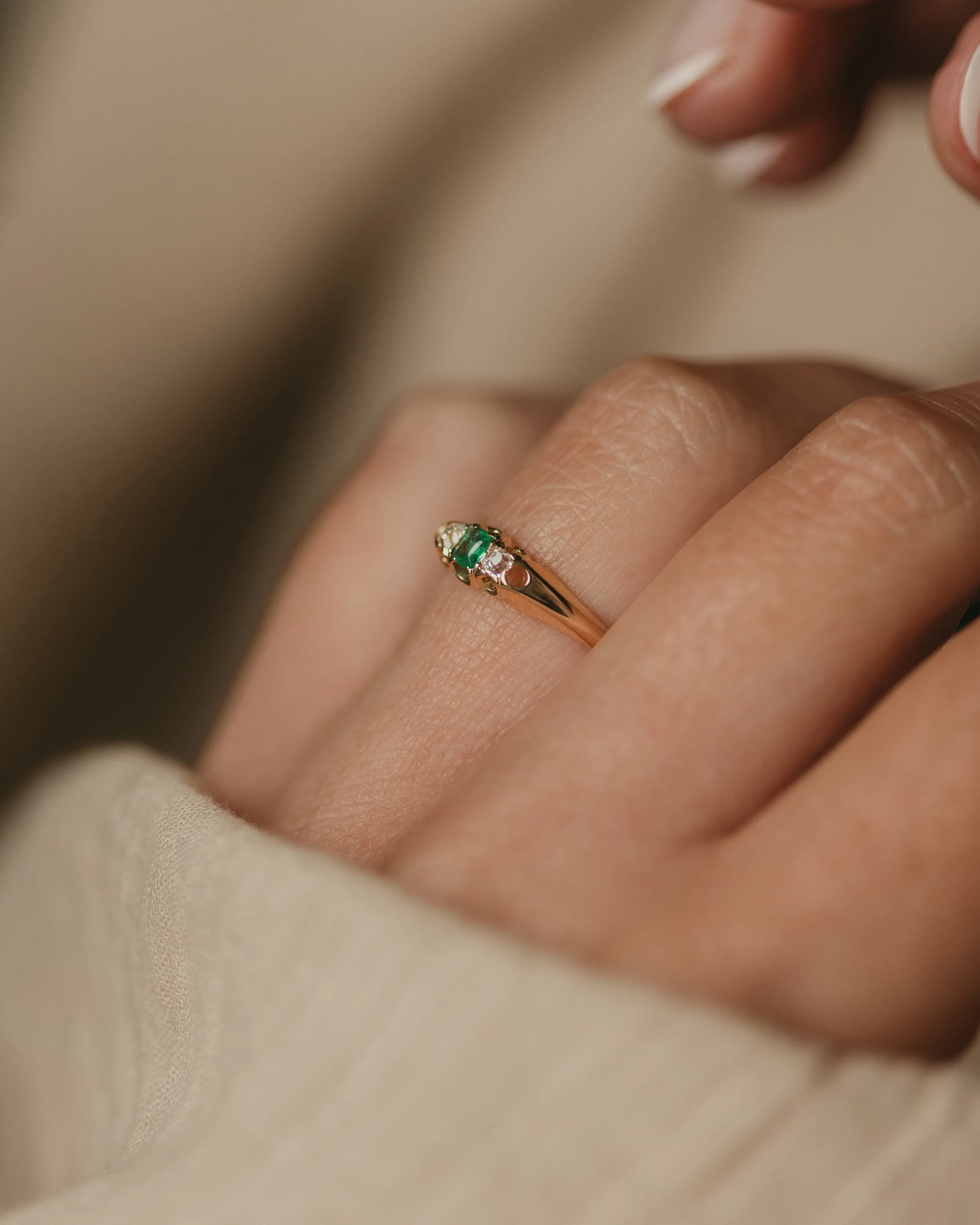 Félicie Antique 18ct Gold Emerald & Diamond Trilogy Ring sold by Rock n Rose product image thumbnail 2