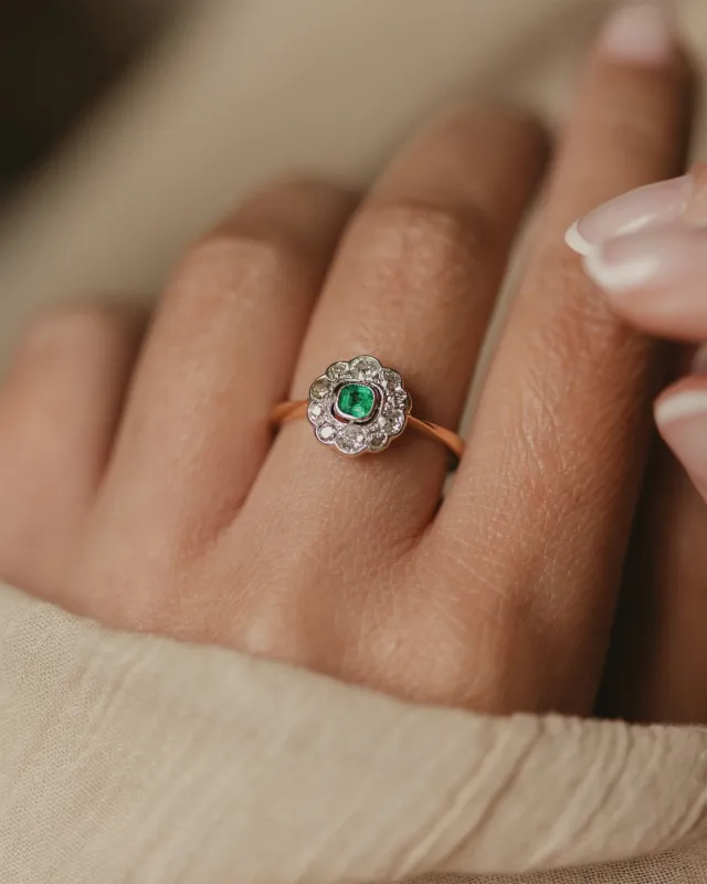 Fathima Antique Art Deco 18ct Gold Emerald & Diamond Cluster Ring sold by Rock n Rose