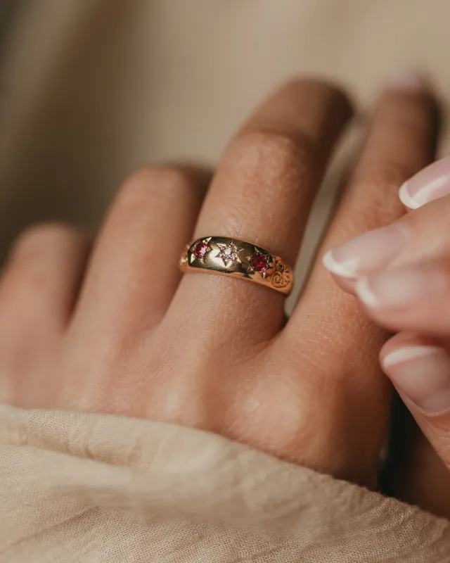 Hannah 1901 Antique 18ct Gold Ruby & Diamond Trilogy Ring sold by Rock n Rose