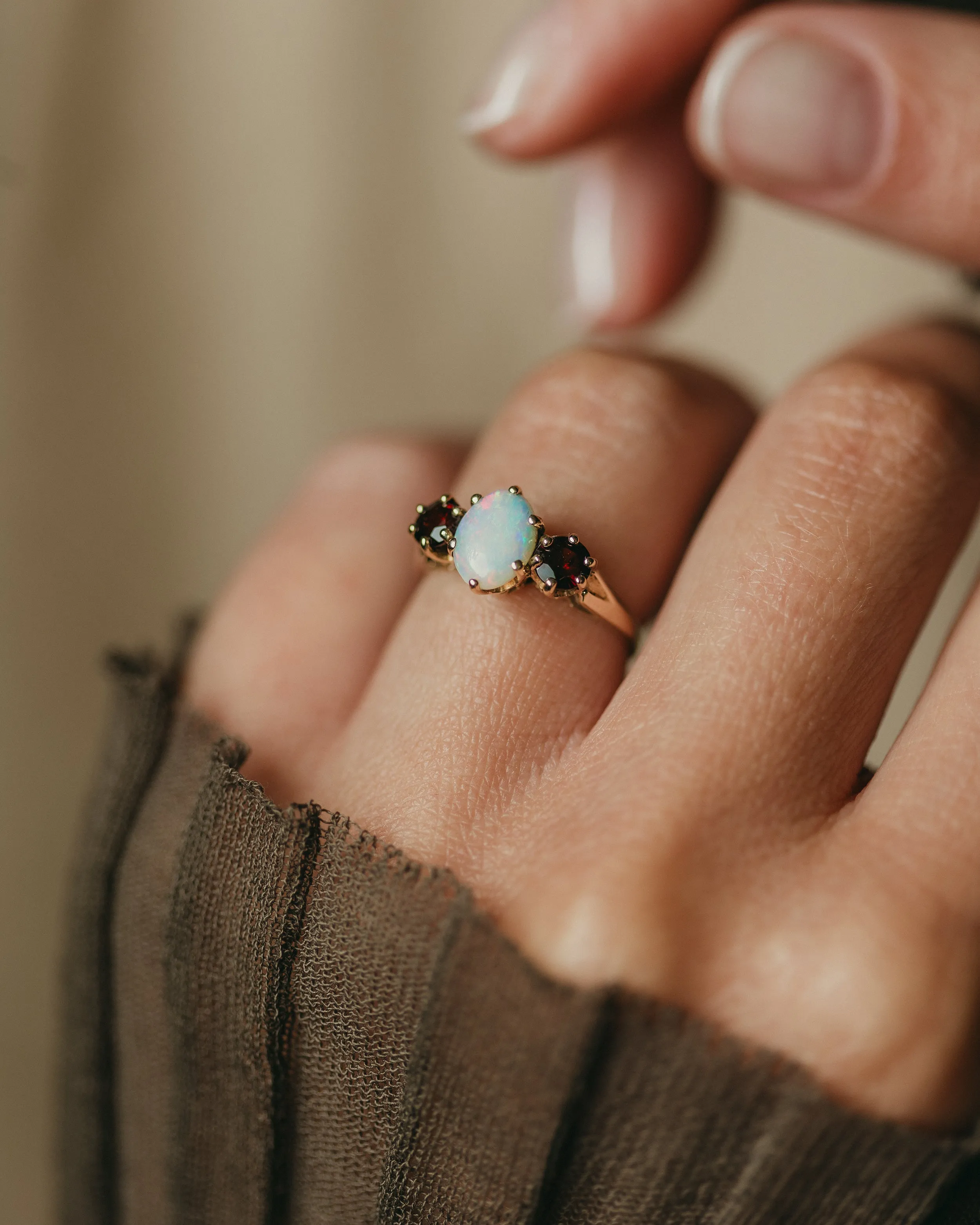 Grace 1968 Vintage 9ct Gold Opal & Garnet Trilogy Ring sold by Rock n Rose