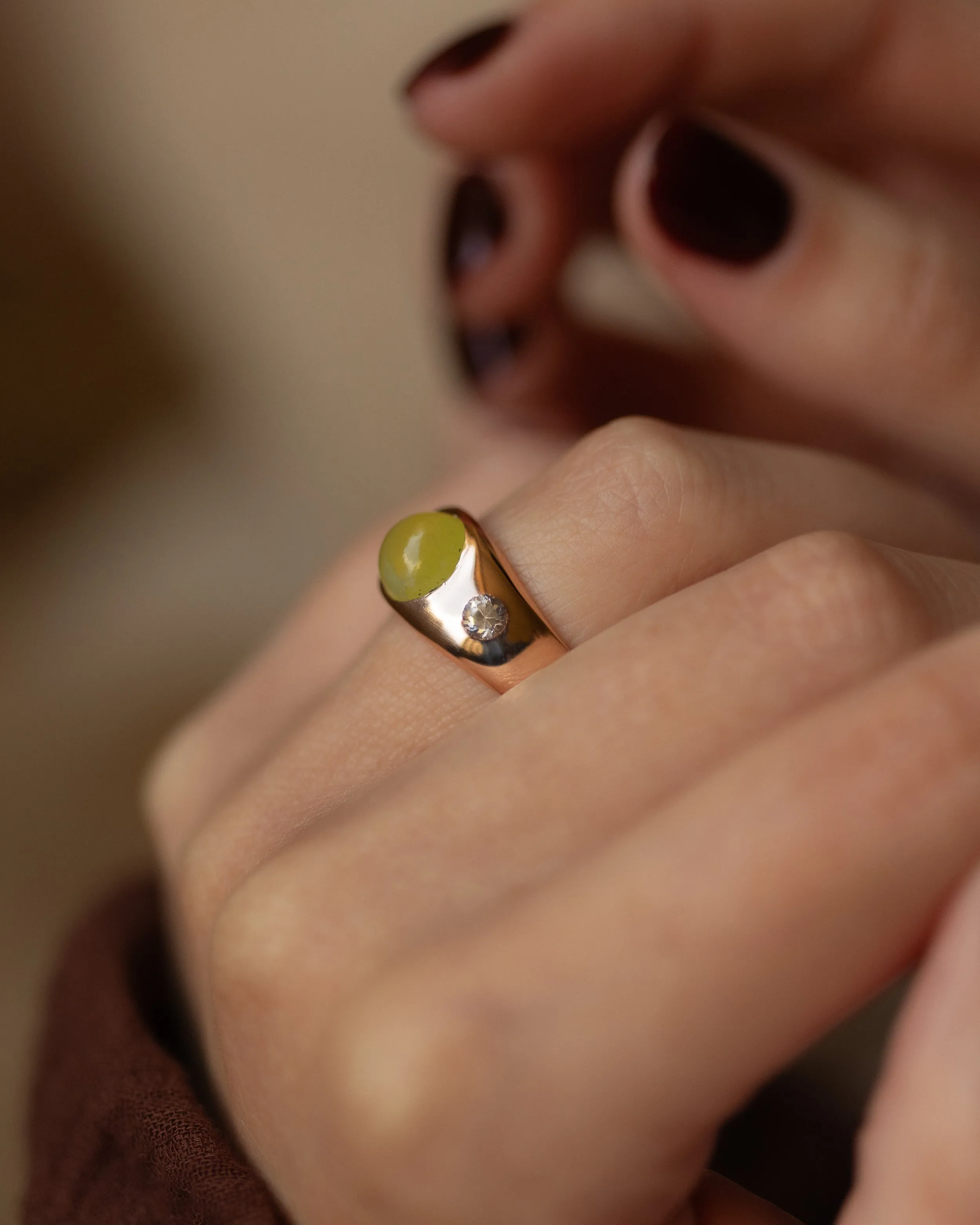 Emilienne Vintage 9ct Gold Chrysoberyl & Diamond Trilogy Ring sold by Rock n Rose product image thumbnail 2