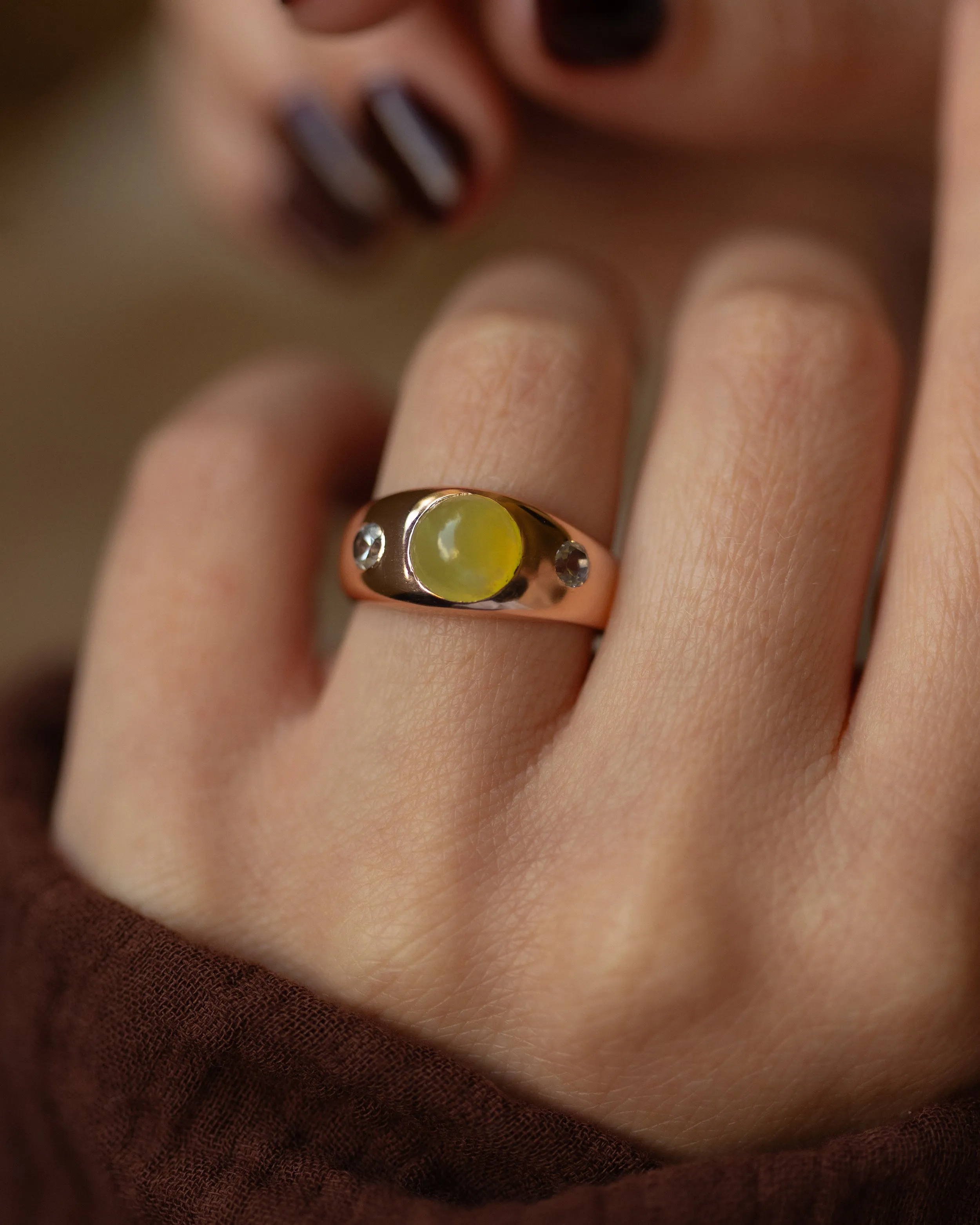 Emilienne Vintage 9ct Gold Chrysoberyl & Diamond Trilogy Ring sold by Rock n Rose