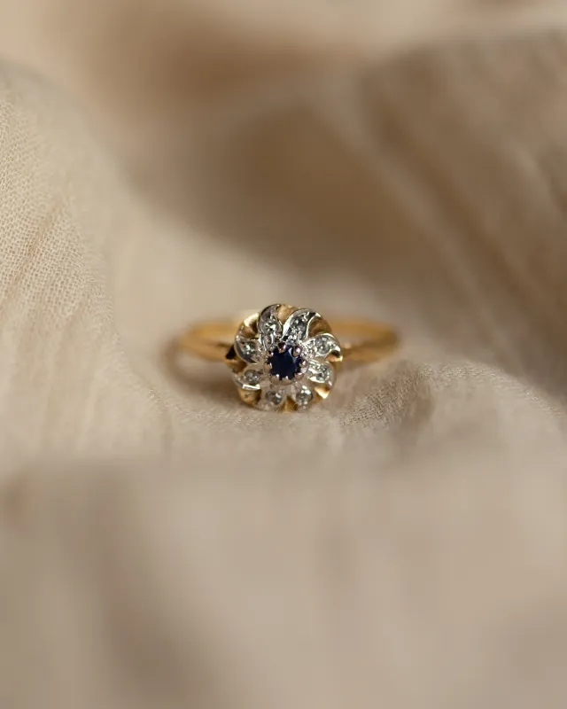 Laure 1983 Vintage 18ct Gold Sapphire & Diamond Cluster Ring sold by Rock n Rose