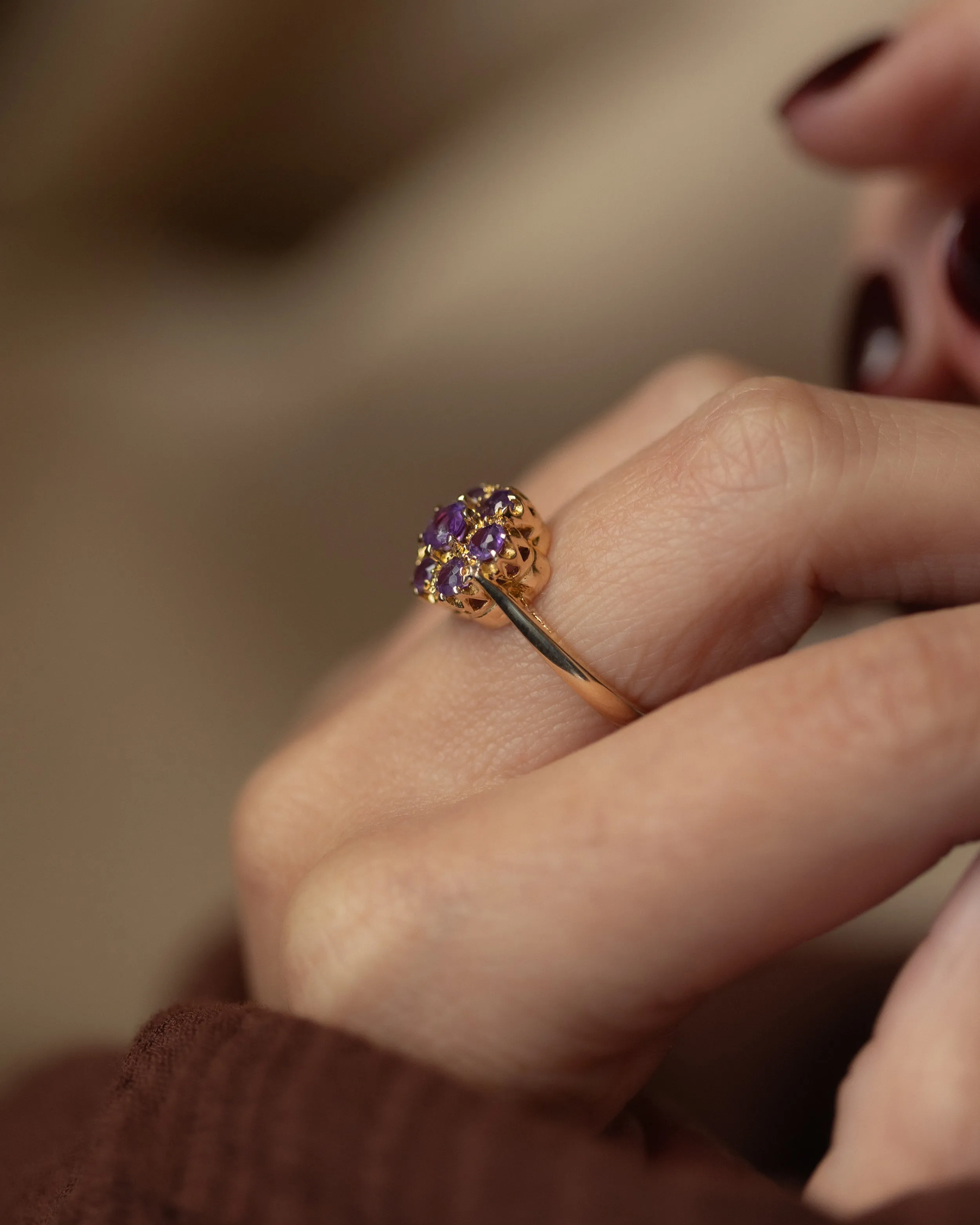Irina 1969 Vintage 9ct Gold Amethyst Flowerhead Cluster Ring sold by Rock n Rose product image thumbnail 2