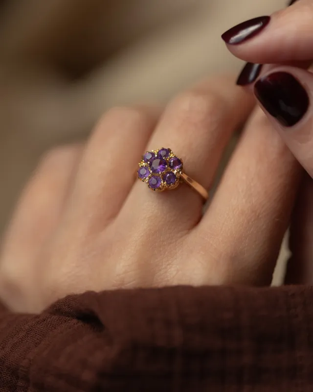 Irina 1969 Vintage 9ct Gold Amethyst Flowerhead Cluster Ring sold by Rock n Rose