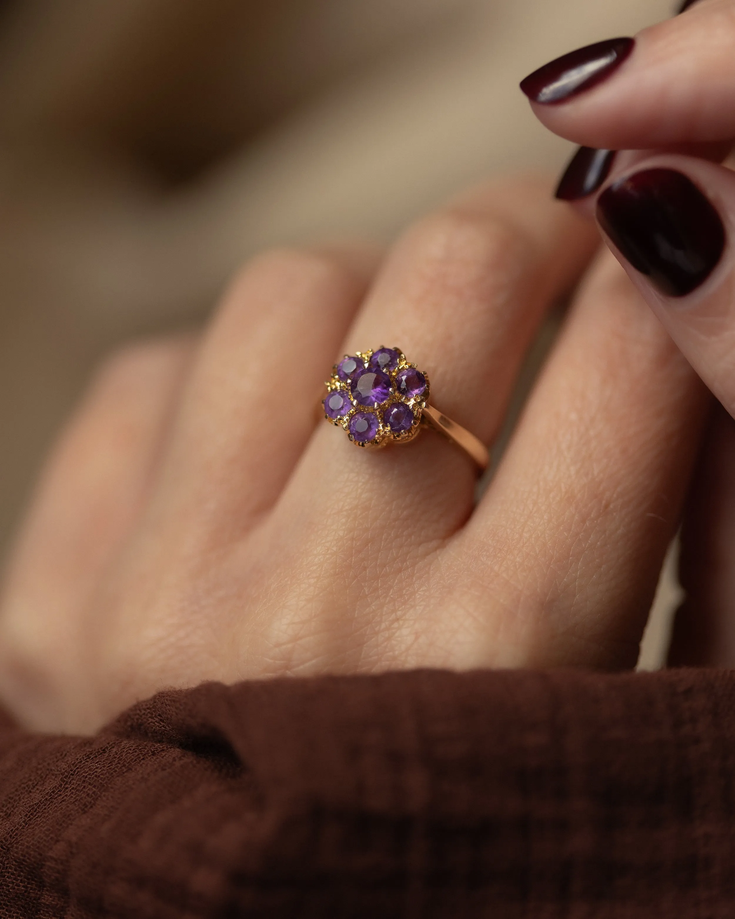 Irina 1969 Vintage 9ct Gold Amethyst Flowerhead Cluster Ring sold by Rock n Rose