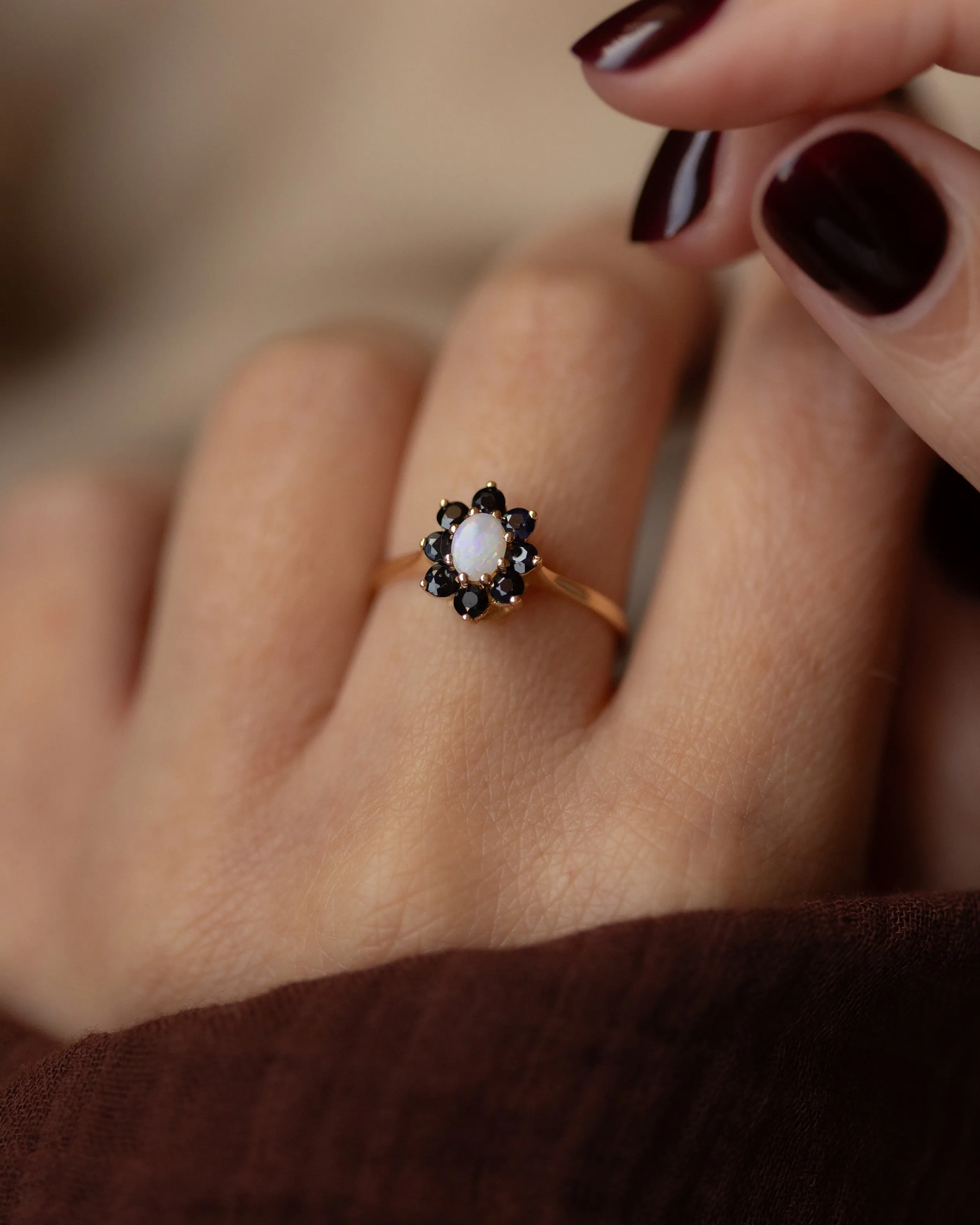 Claudine 1983 Vintage 9ct Gold Opal & Sapphire Cluster Ring sold by Rock n Rose