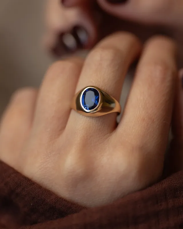 Colette Vintage 9ct Gold Single Stone Sapphire Signet Ring sold by Rock n Rose