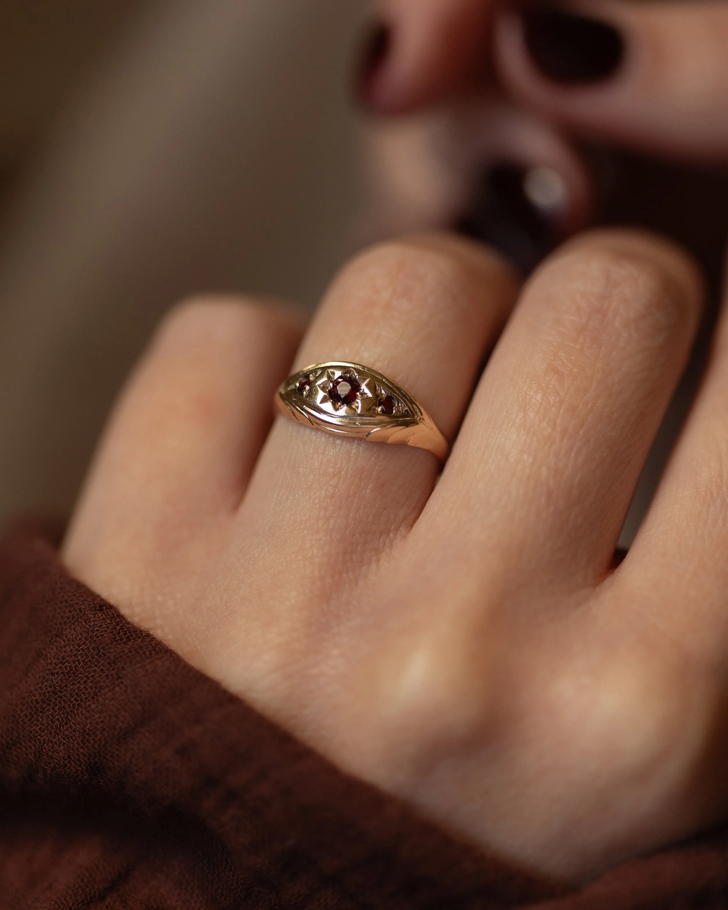 Magda 1975 Vintage 9ct Gold Garnet Star Set Trilogy Ring sold by Rock n Rose