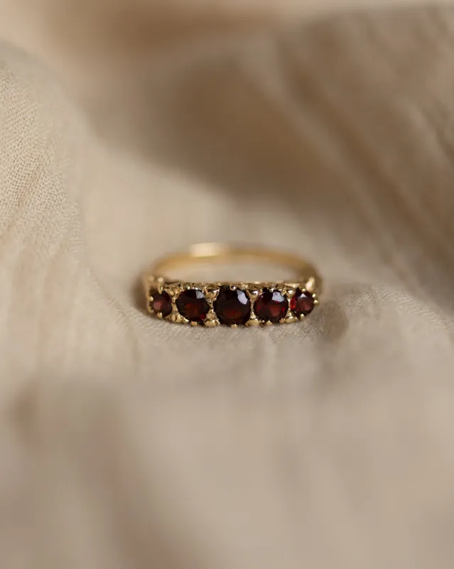 Jacinta 1978 Vintage 9ct Gold Garnet Five Stone Ring sold by Rock n Rose