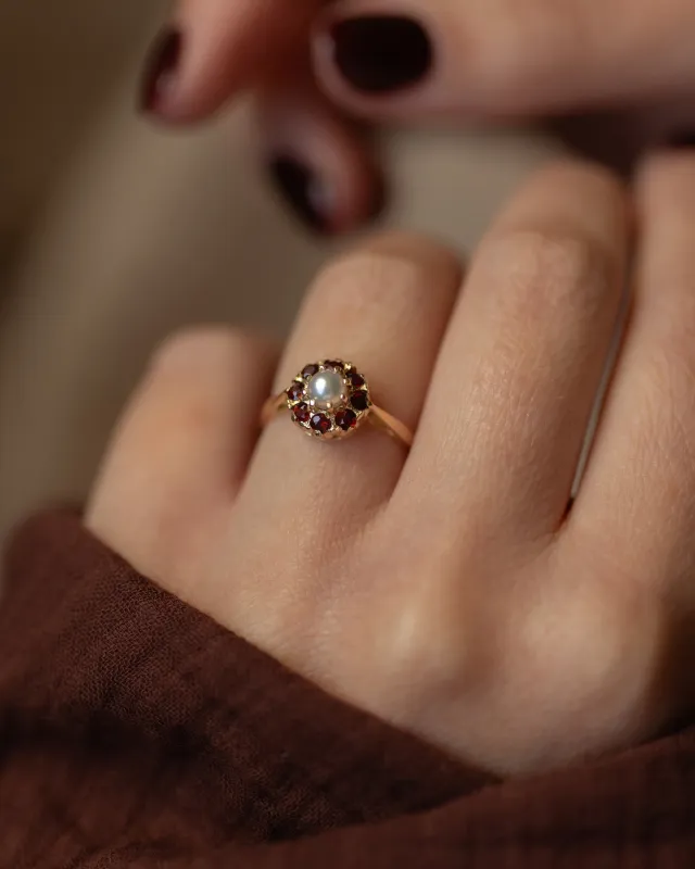 Lauretta 1980 Vintage 9ct Gold Pearl & Garnet Cluster Ring sold by Rock n Rose