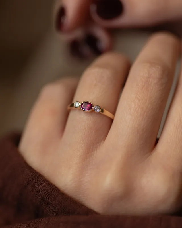 Alice 1987 Vintage 9ct Gold Ruby & Diamond Trilogy Ring sold by Rock n Rose