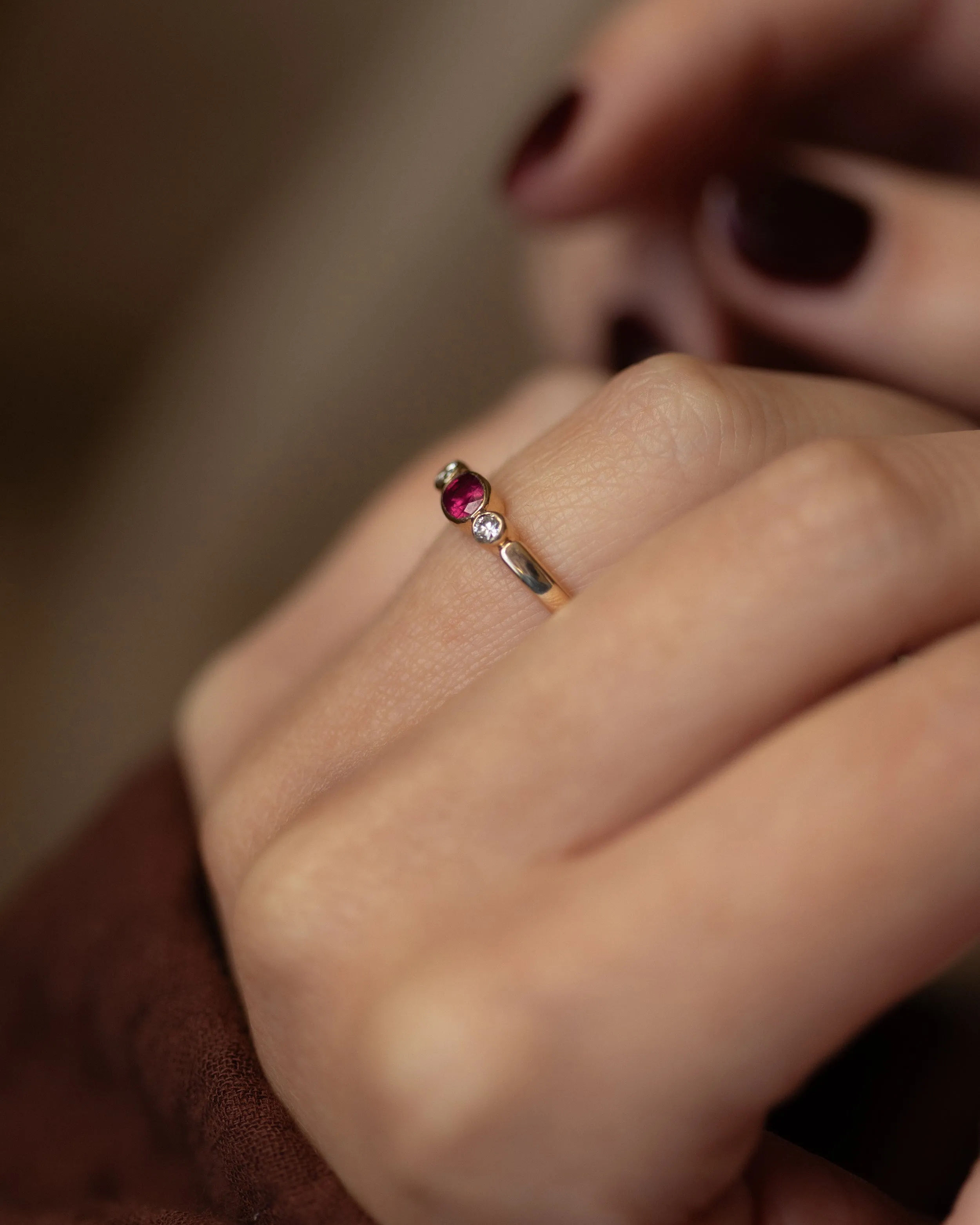 Alice 1987 Vintage 9ct Gold Ruby & Diamond Trilogy Ring sold by Rock n Rose product image thumbnail 2