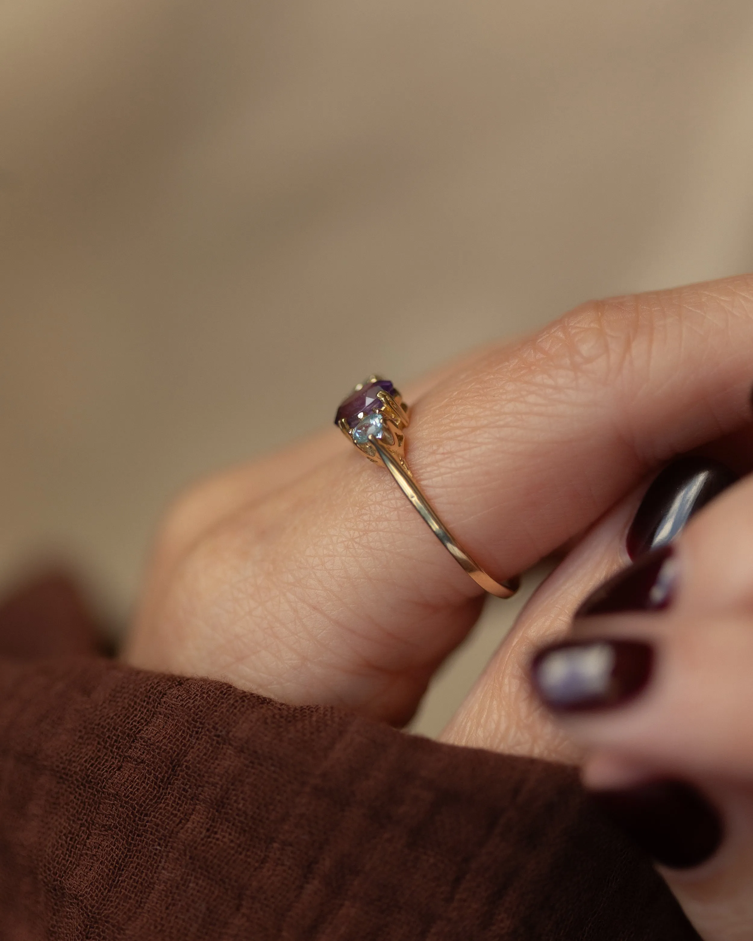Erna Vintage 9ct Gold Amethyst & Blue Topaz Trilogy Ring sold by Rock n Rose product image thumbnail 3