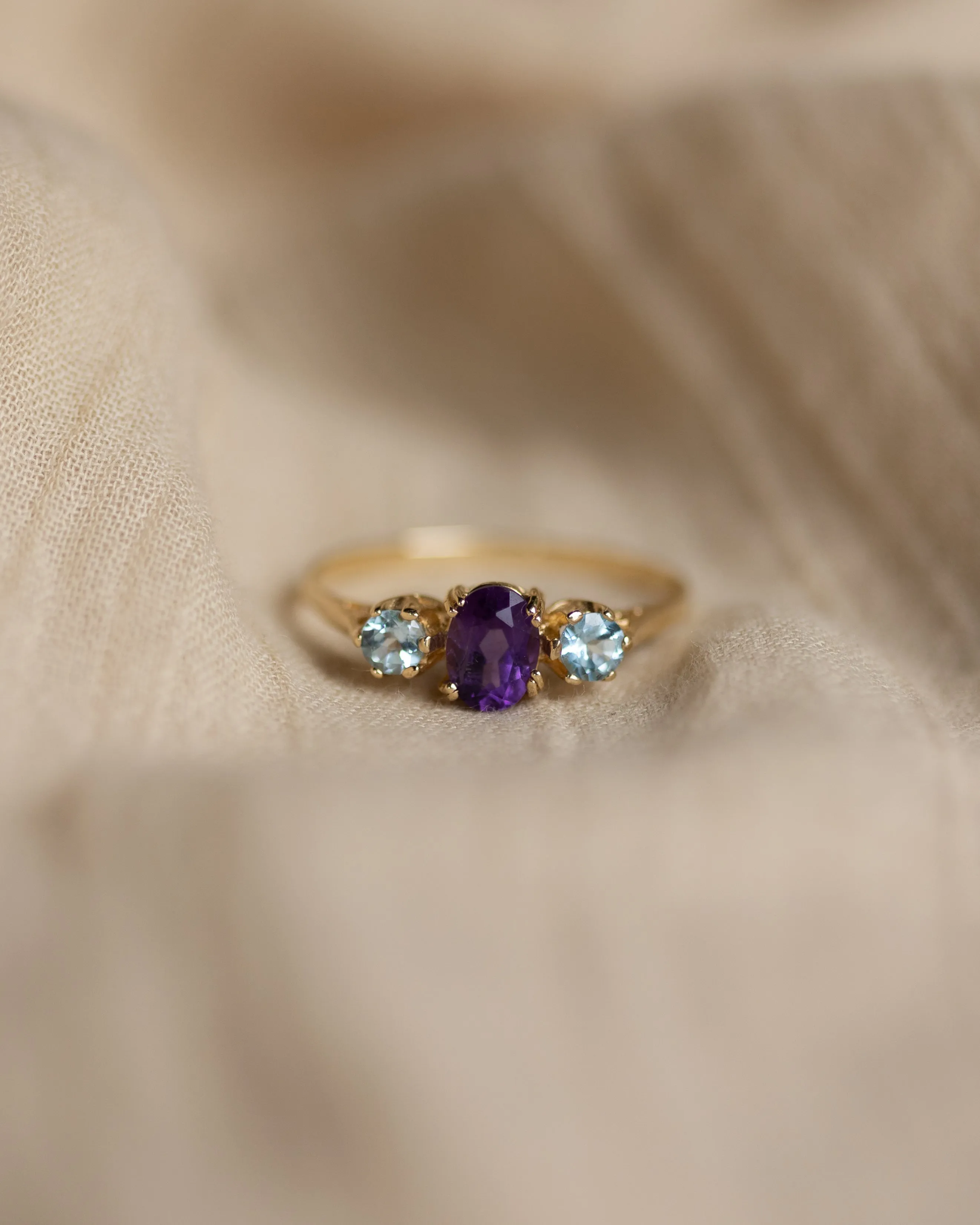 Erna Vintage 9ct Gold Amethyst & Blue Topaz Trilogy Ring sold by Rock n Rose