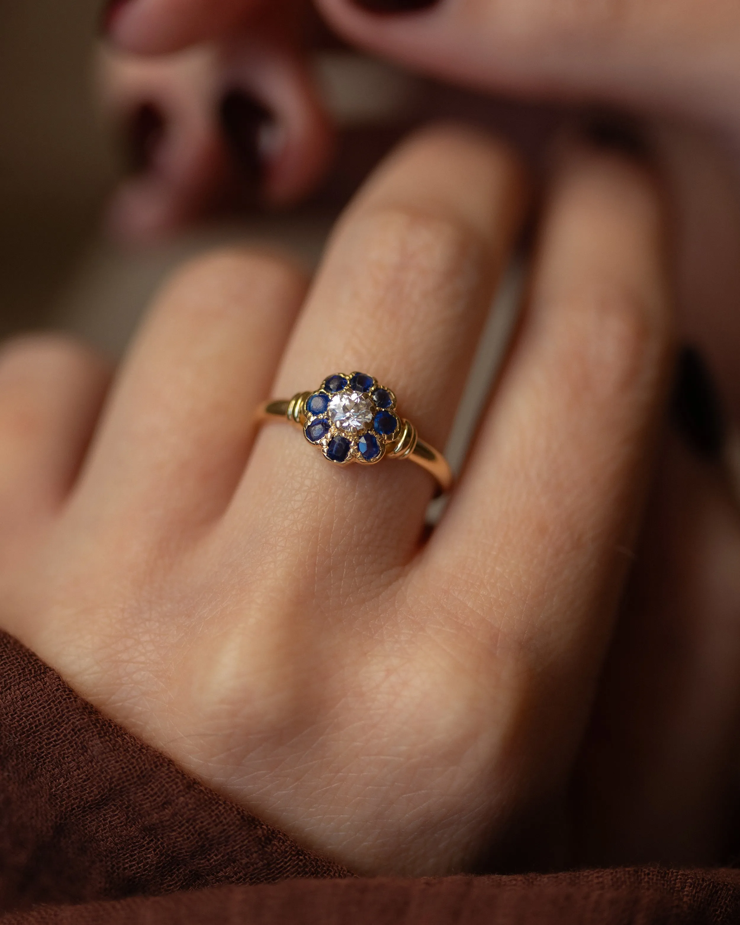 Rosalind 1989 Vintage 18ct Gold Diamond & Sapphire Cluster Ring sold by Rock n Rose