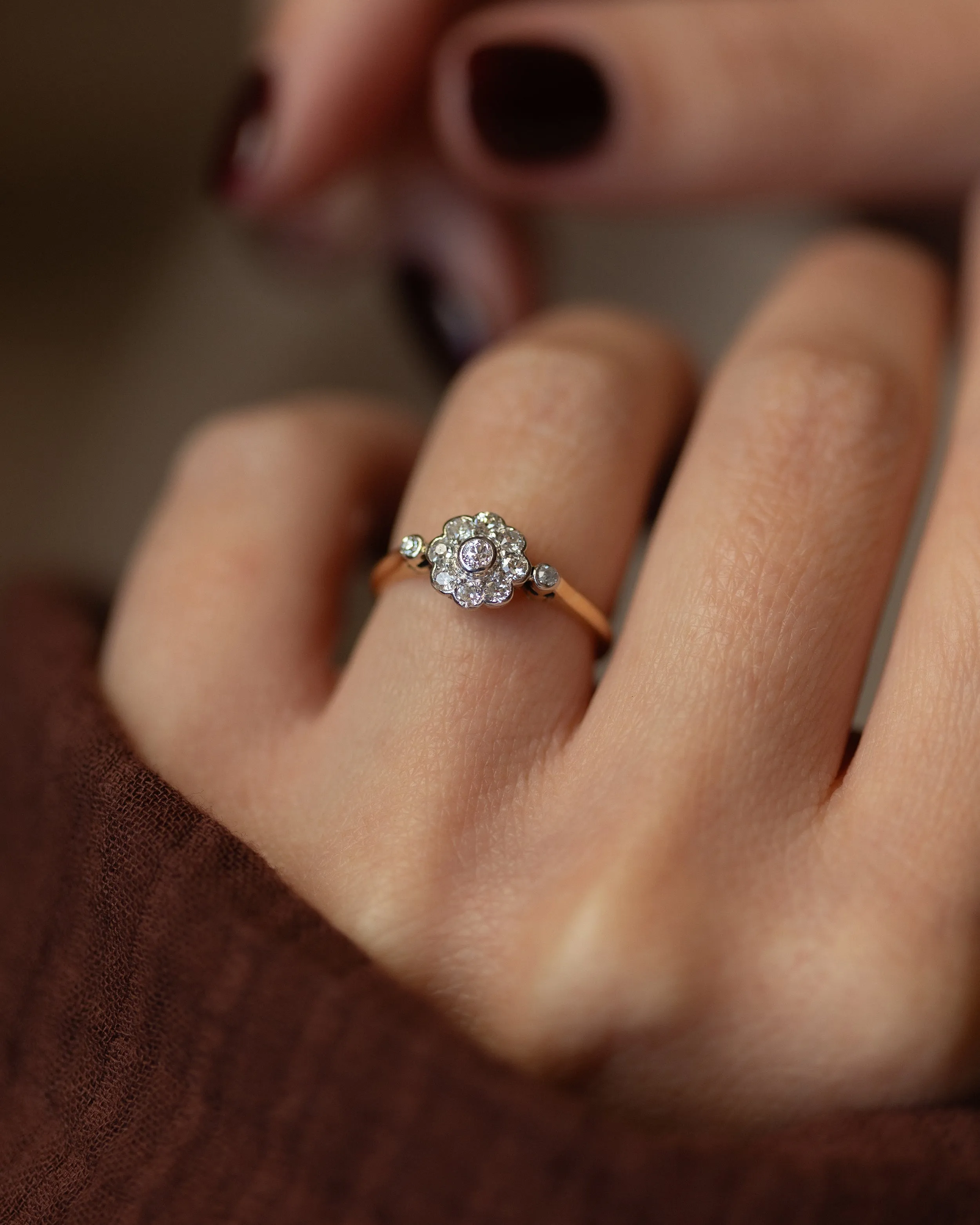 Frida Antique 18ct Gold Diamond Daisy Cluster Ring sold by Rock n Rose