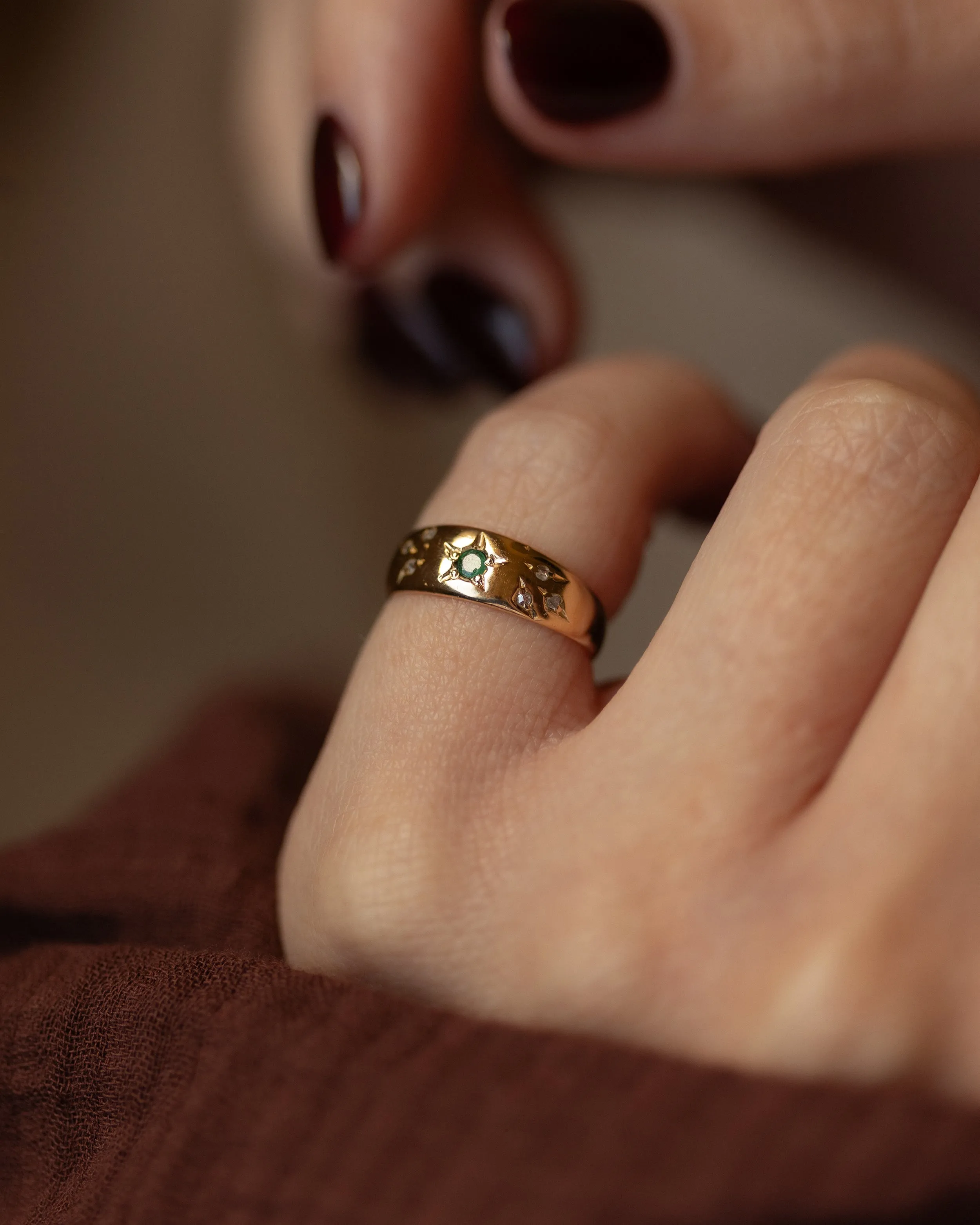 Primrose Antique 18ct Gold Star Set Emerald & Diamond Ring sold by Rock n Rose