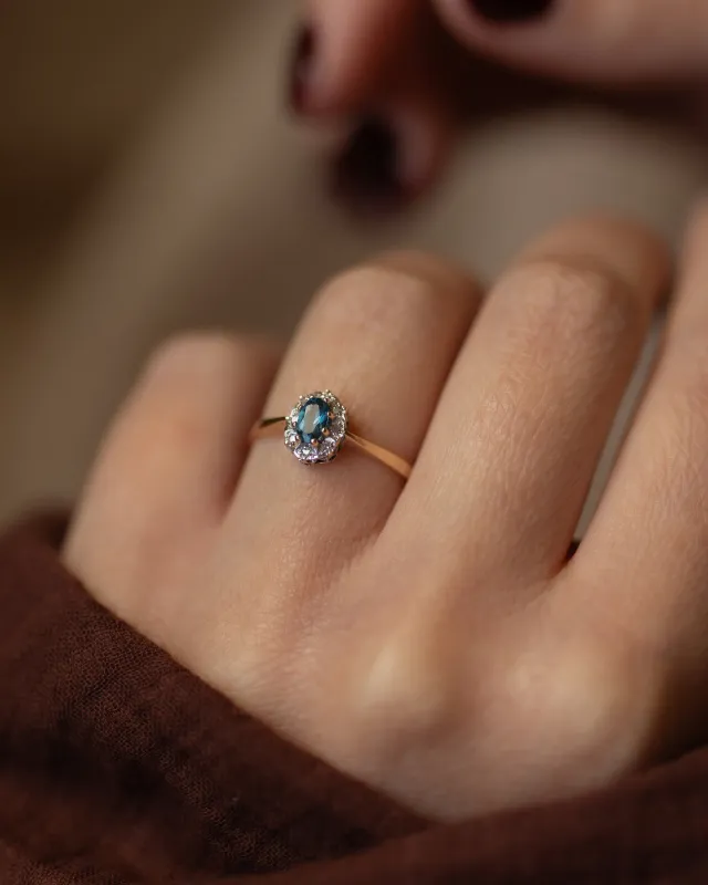 Helene Vintage 9ct Gold Blue Topaz & Diamond Cluster Ring sold by Rock n Rose