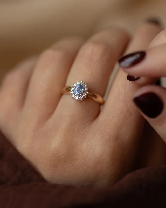 Flora 1990 Vintage 9ct Gold Sapphire & Diamond Cluster Ring sold by Rock n Rose