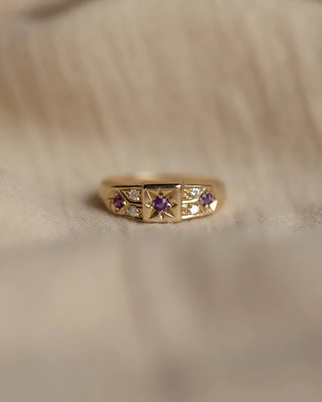 Penelope Vintage 9ct Gold Amethyst & Diamond Seven Stone Ring sold by Rock n Rose