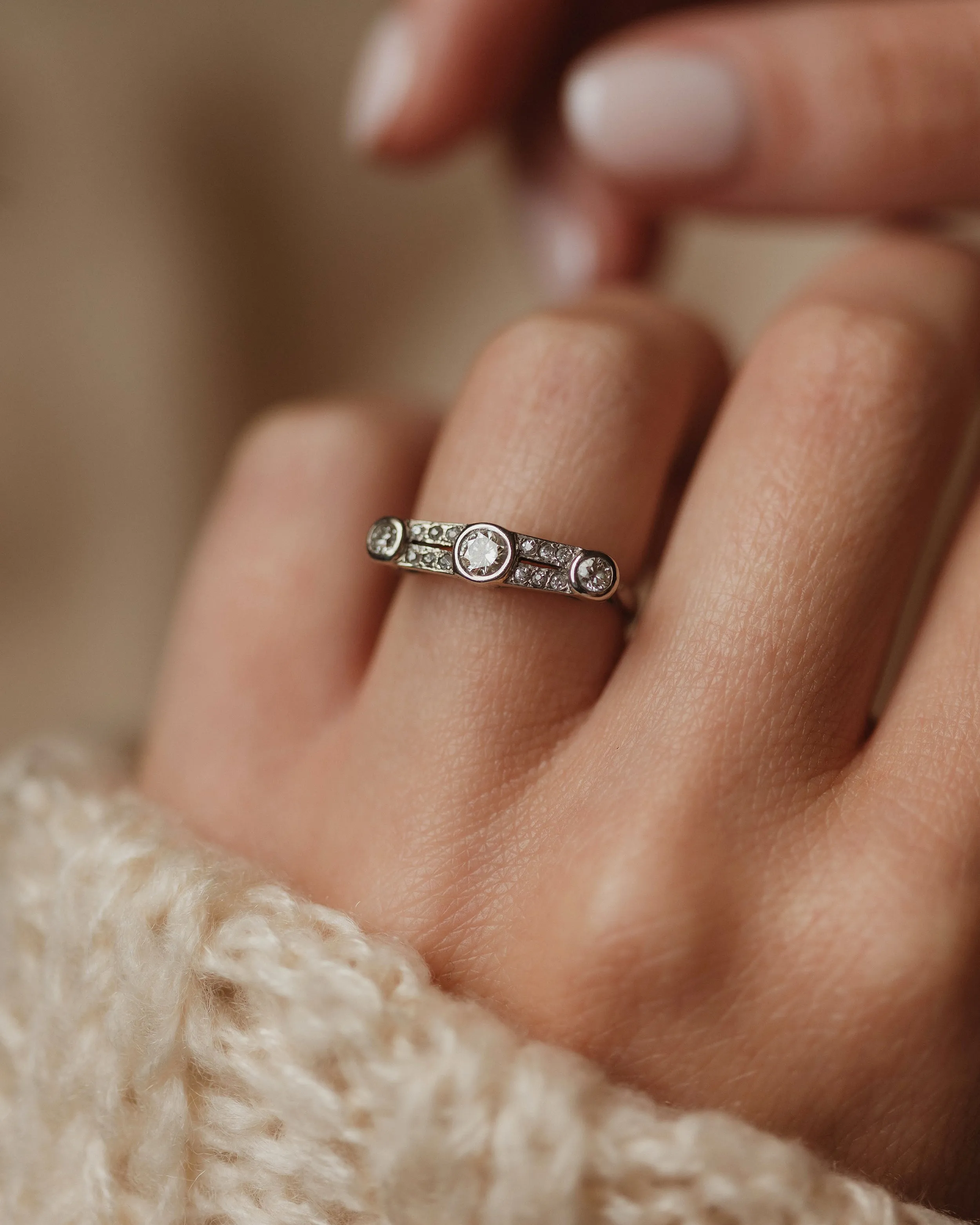 Eugénie 1977 Vintage 18ct White Gold Diamond Trilogy Ring sold by Rock n Rose