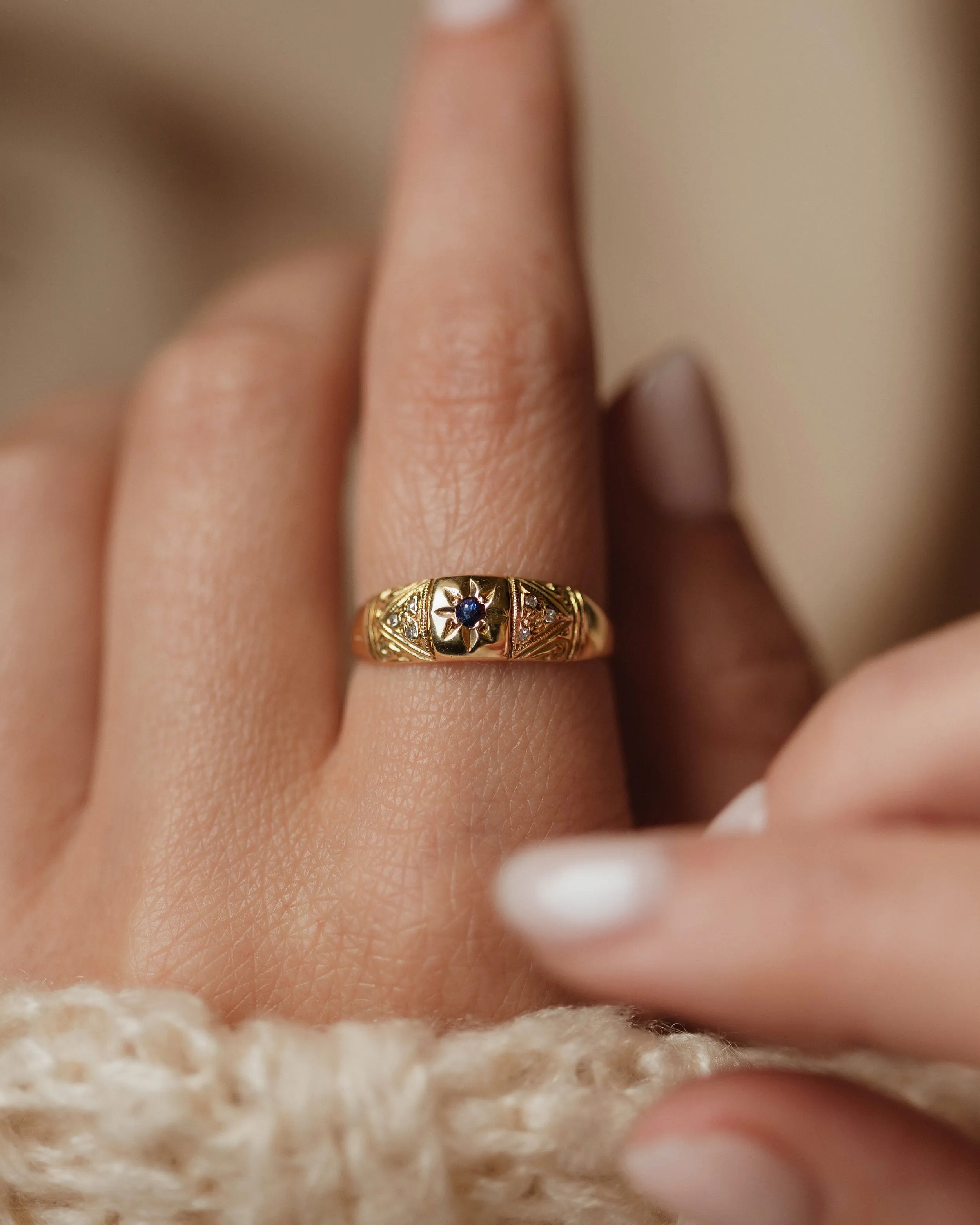 Simone Antique 18ct Gold Sapphire & Diamond Seven Stone Ring sold by Rock n Rose