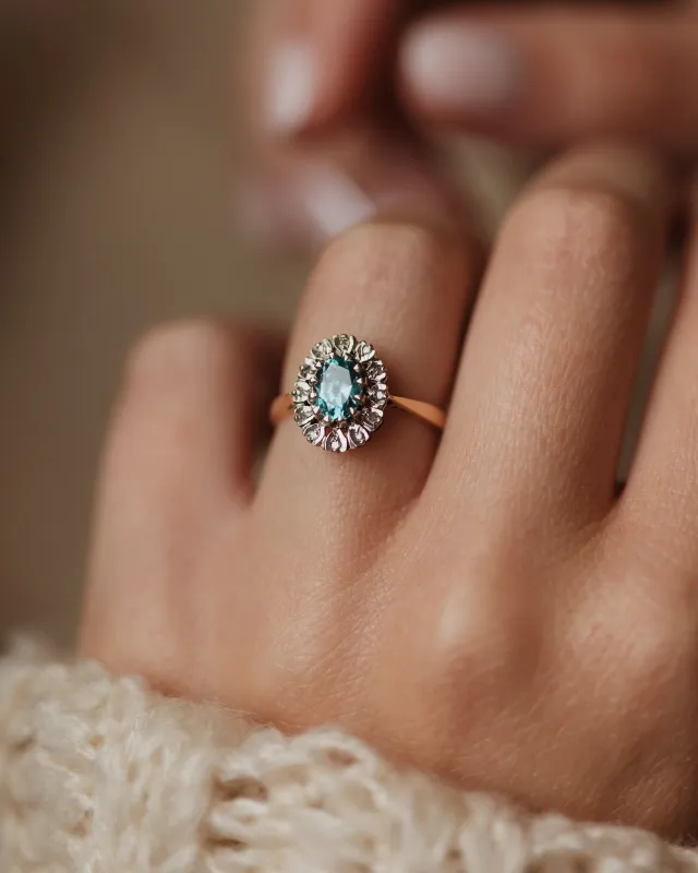 Josephine 1970 Vintage 18ct Gold Blue Zircon & Diamond Cluster Ring sold by Rock n Rose