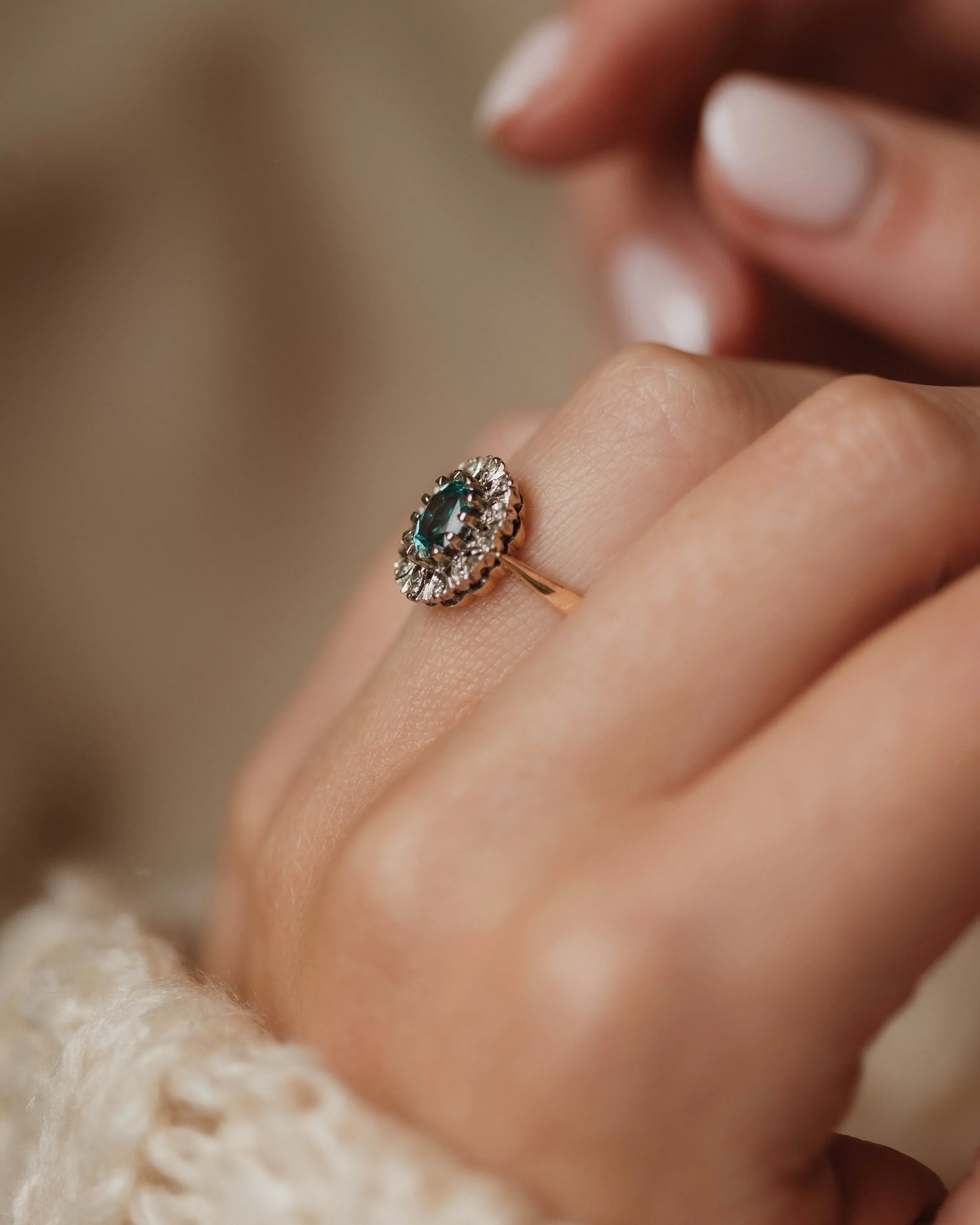 Josephine 1970 Vintage 18ct Gold Blue Zircon & Diamond Cluster Ring sold by Rock n Rose product image thumbnail 3