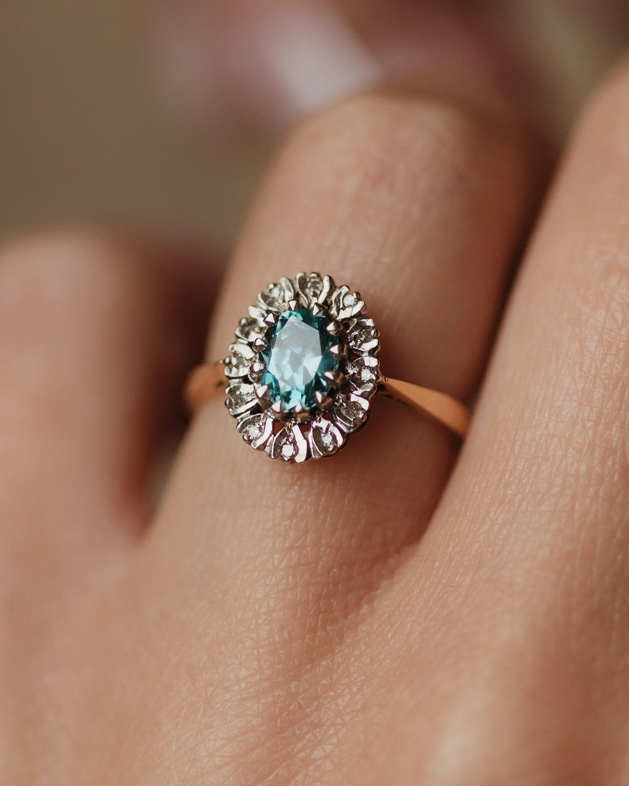 Josephine 1970 Vintage 18ct Gold Blue Zircon & Diamond Cluster Ring sold by Rock n Rose product image thumbnail 2