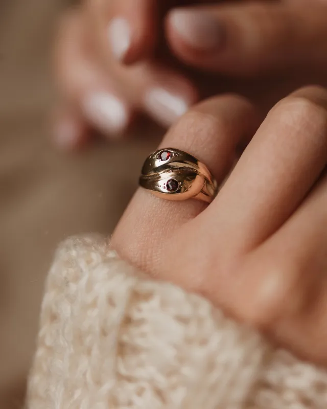 Armande 1963 Vintage 9ct Gold Garnet Double Snake Ring sold by Rock n Rose