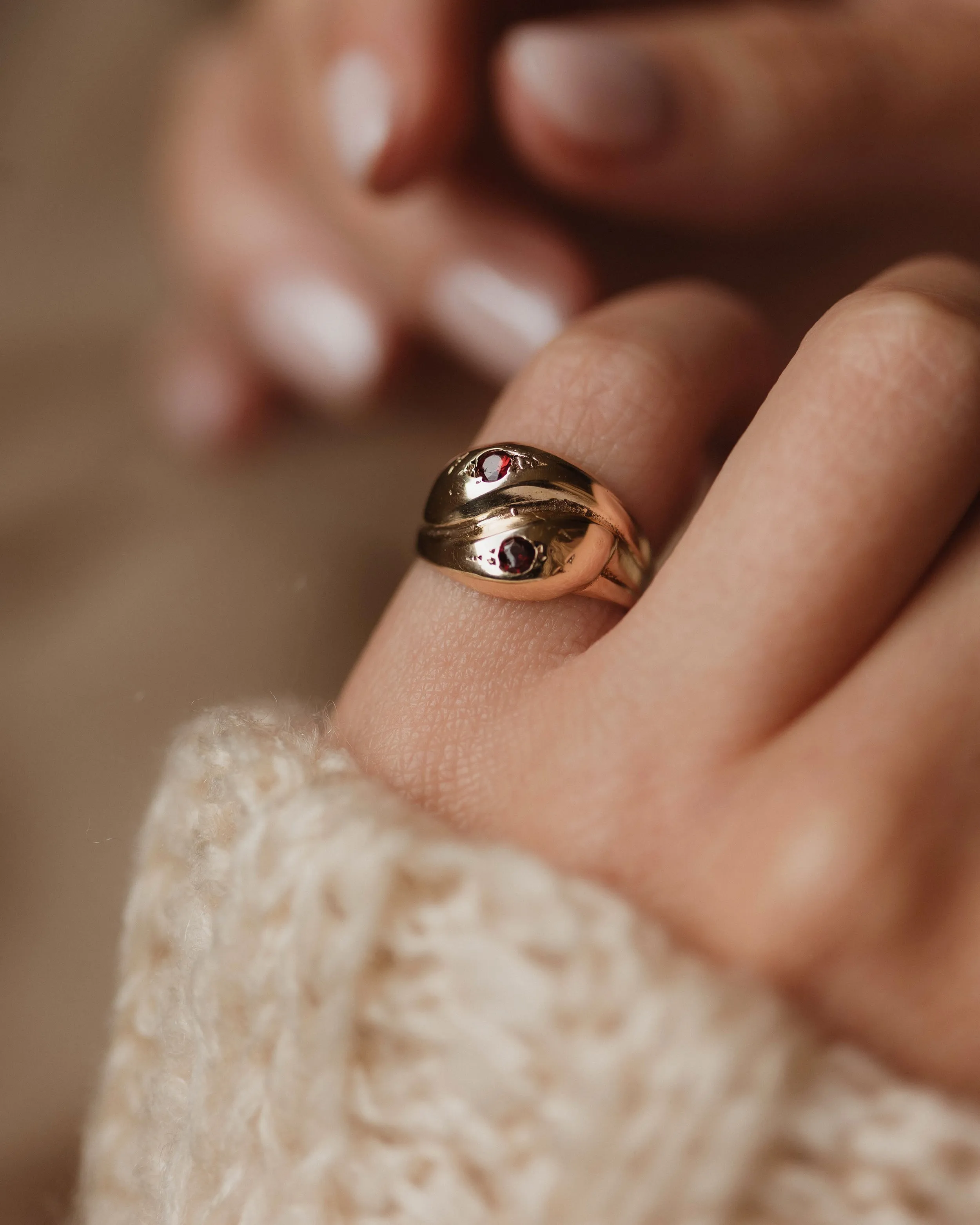 Armande 1963 Vintage 9ct Gold Garnet Double Snake Ring sold by Rock n Rose