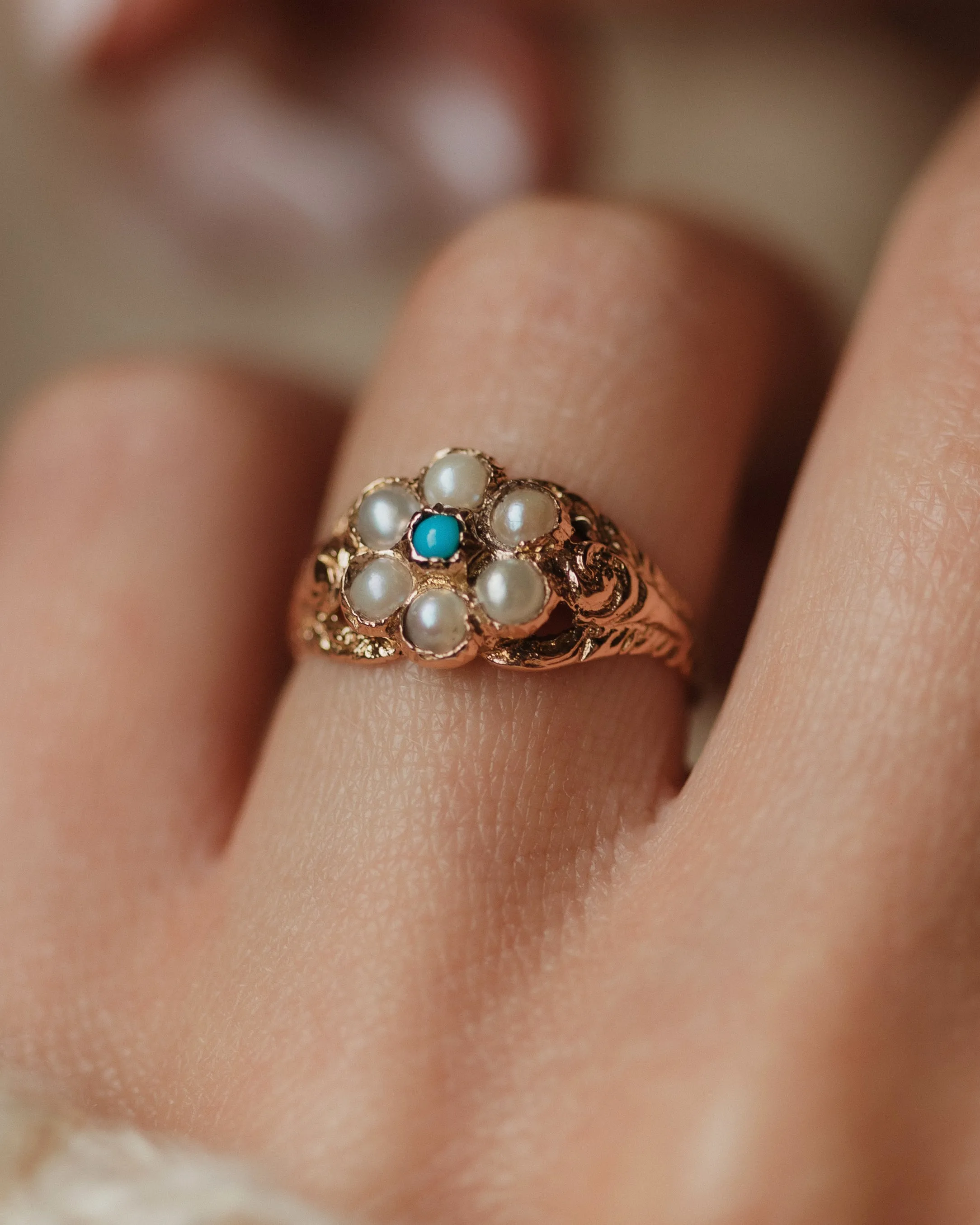Ophelia 1966 Vintage 9ct Gold Turquoise & Pearl Cluster Ring sold by Rock n Rose product image thumbnail 2