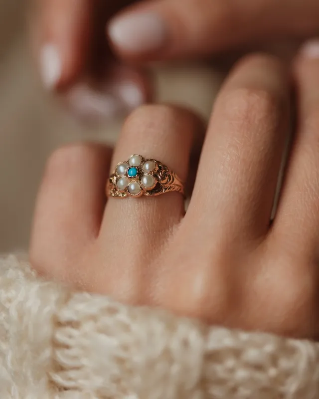 Ophelia 1966 Vintage 9ct Gold Turquoise & Pearl Cluster Ring made by Rock n Rose