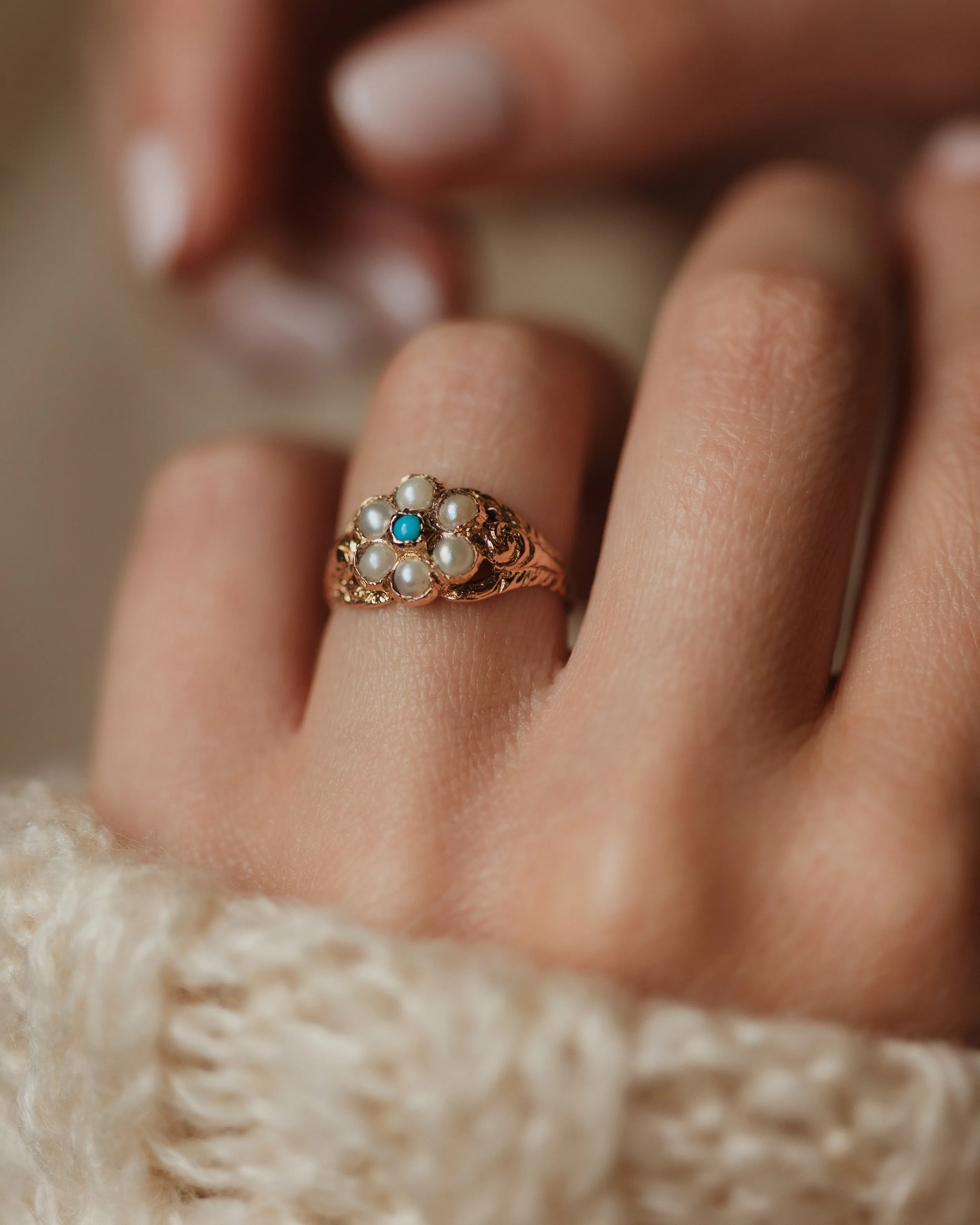 Ophelia 1966 Vintage 9ct Gold Turquoise & Pearl Cluster Ring sold by Rock n Rose