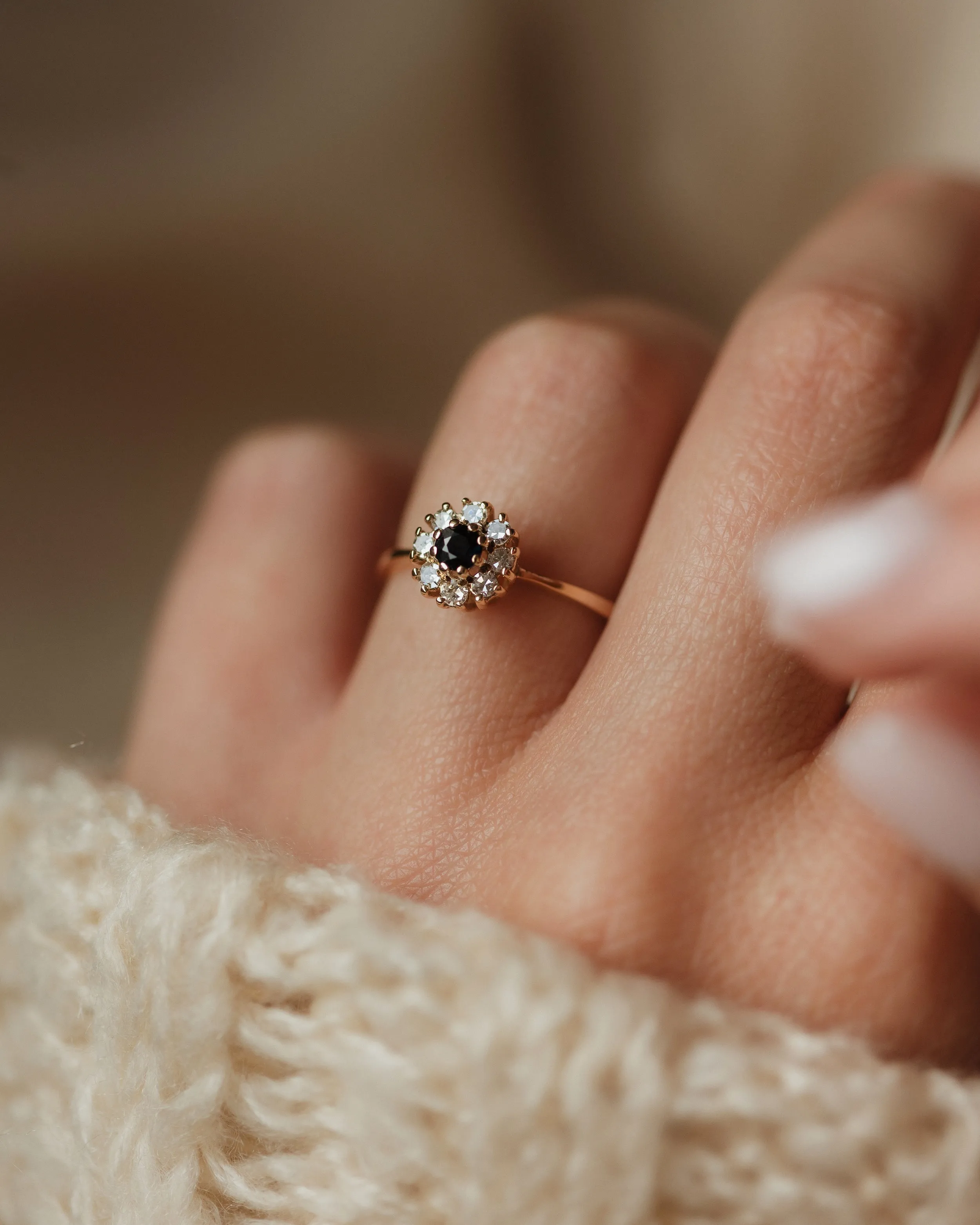 Ines 1982 Vintage 9ct Gold Sapphire & Diamond Cluster Ring sold by Rock n Rose