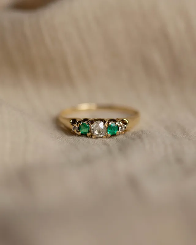 Augusta Antique 18ct Gold Emerald & Diamond Five Stone Ring sold by Rock n Rose