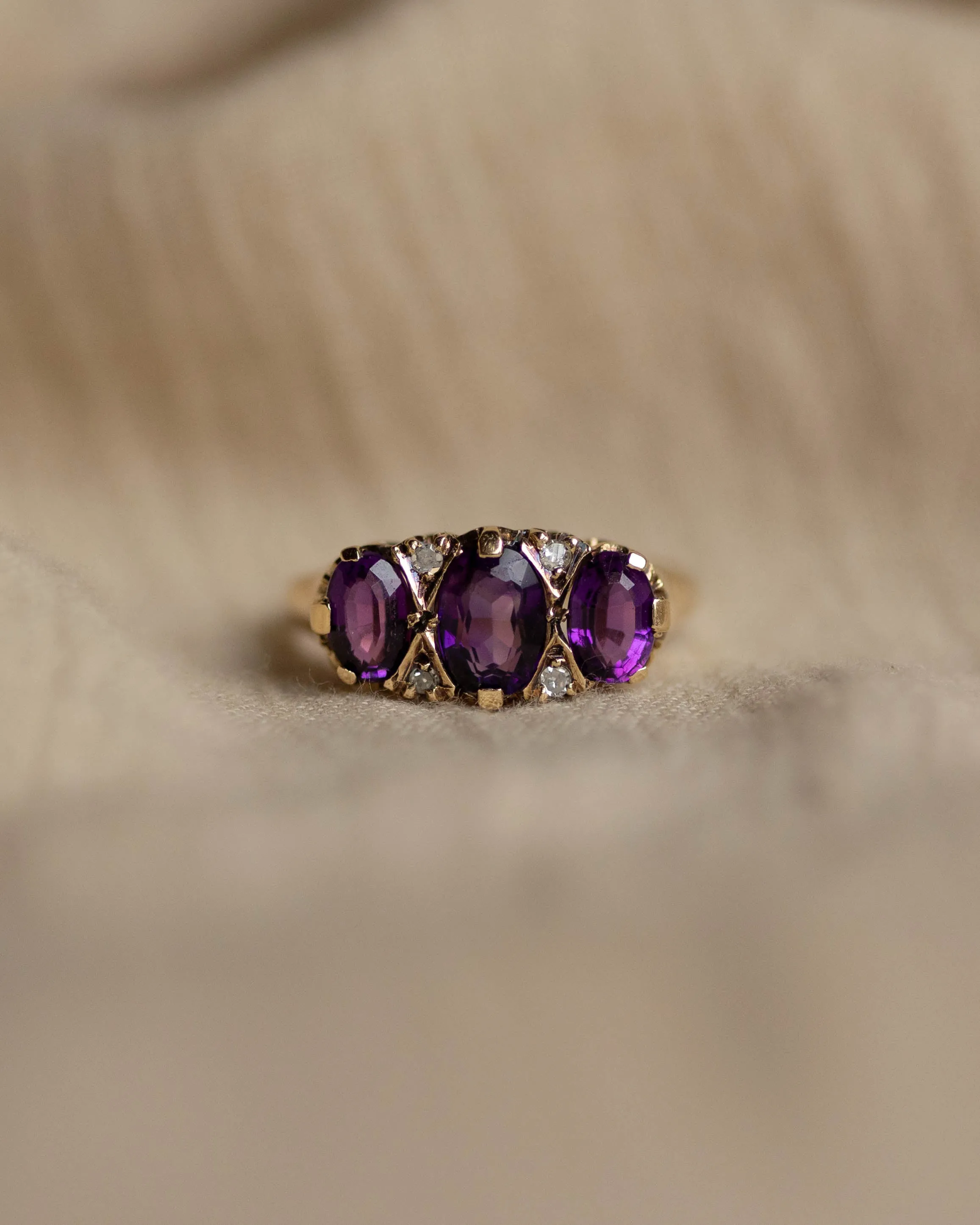 Olivia 1975 Vintage 9ct Gold Amethyst & Diamond Trilogy Ring sold by Rock n Rose