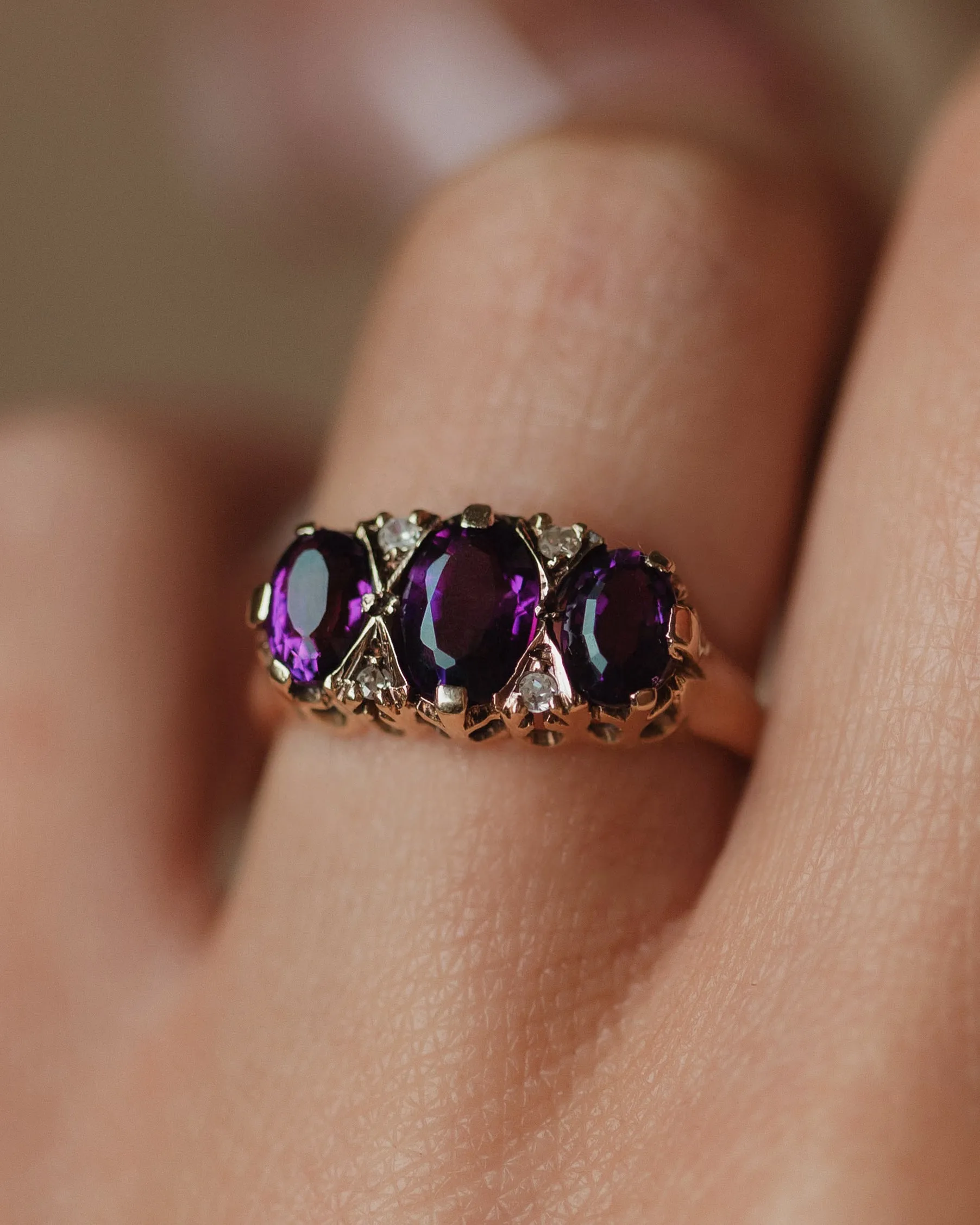 Olivia 1975 Vintage 9ct Gold Amethyst & Diamond Trilogy Ring sold by Rock n Rose product image thumbnail 3