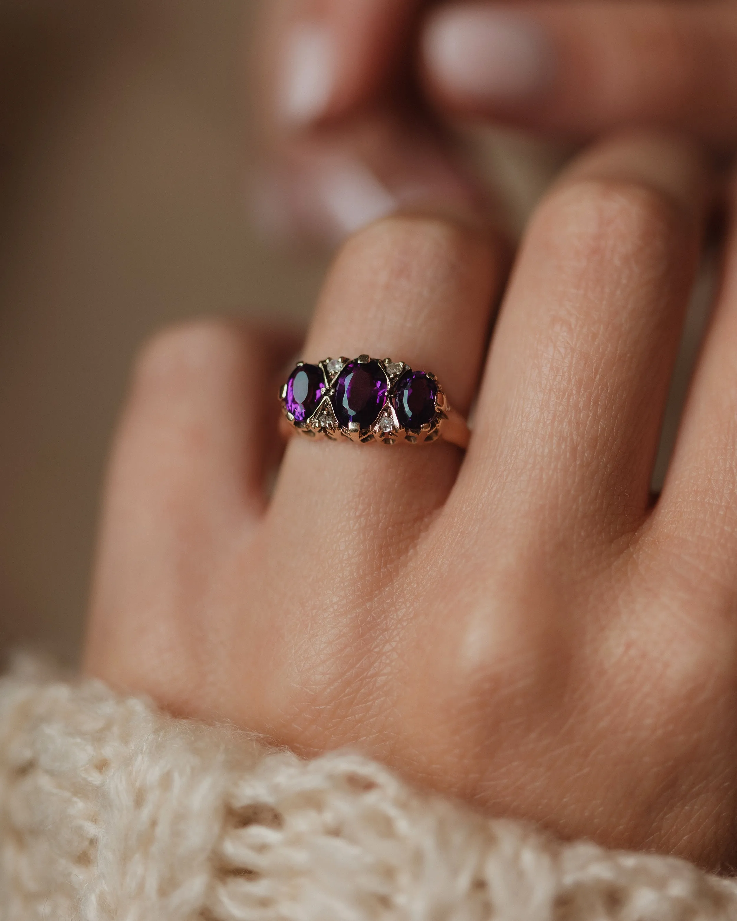 Olivia 1975 Vintage 9ct Gold Amethyst & Diamond Trilogy Ring sold by Rock n Rose product image thumbnail 2
