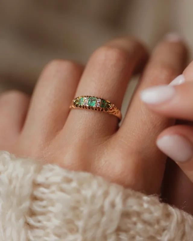 Verity Antique 18ct Gold Emerald & Diamond Seven Stone Ring sold by Rock n Rose