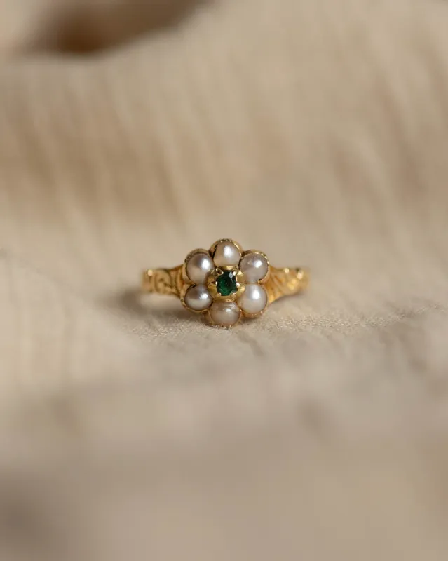 Melody Antique 15ct Gold Emerald & Pearl Daisy Cluster Ring sold by Rock n Rose
