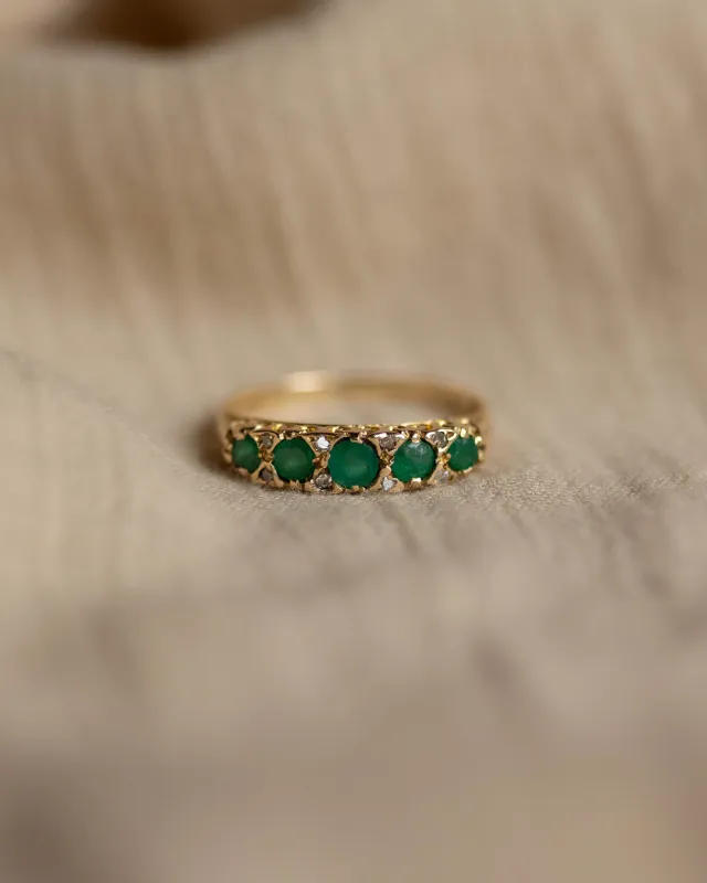 Alethia 1974 Vintage 9ct Gold Emerald & Diamond Five Stone Ring sold by Rock n Rose