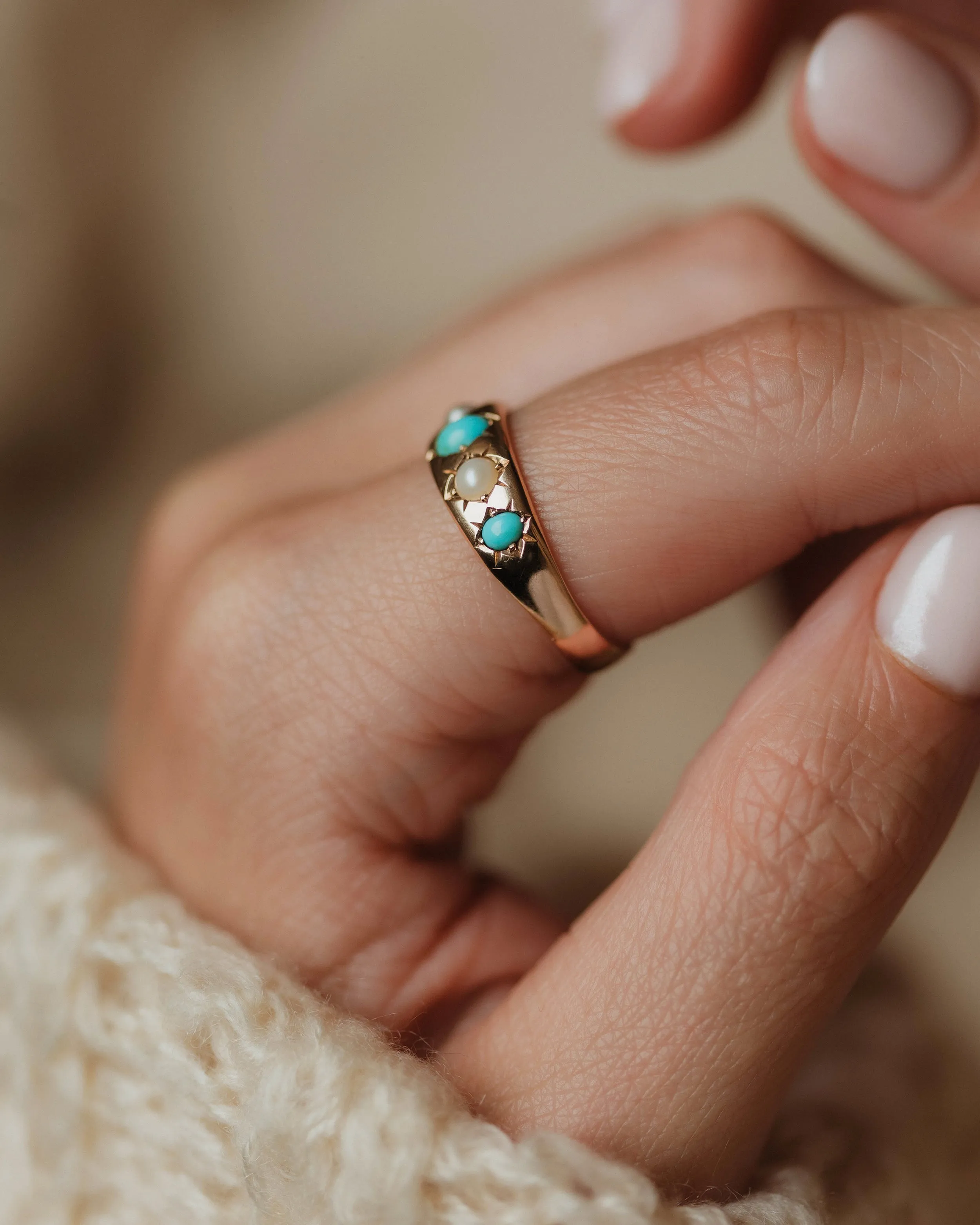 Sylvia Antique 18ct Gold Turquoise & Pearl Five Stone Ring sold by Rock n Rose product image thumbnail 3